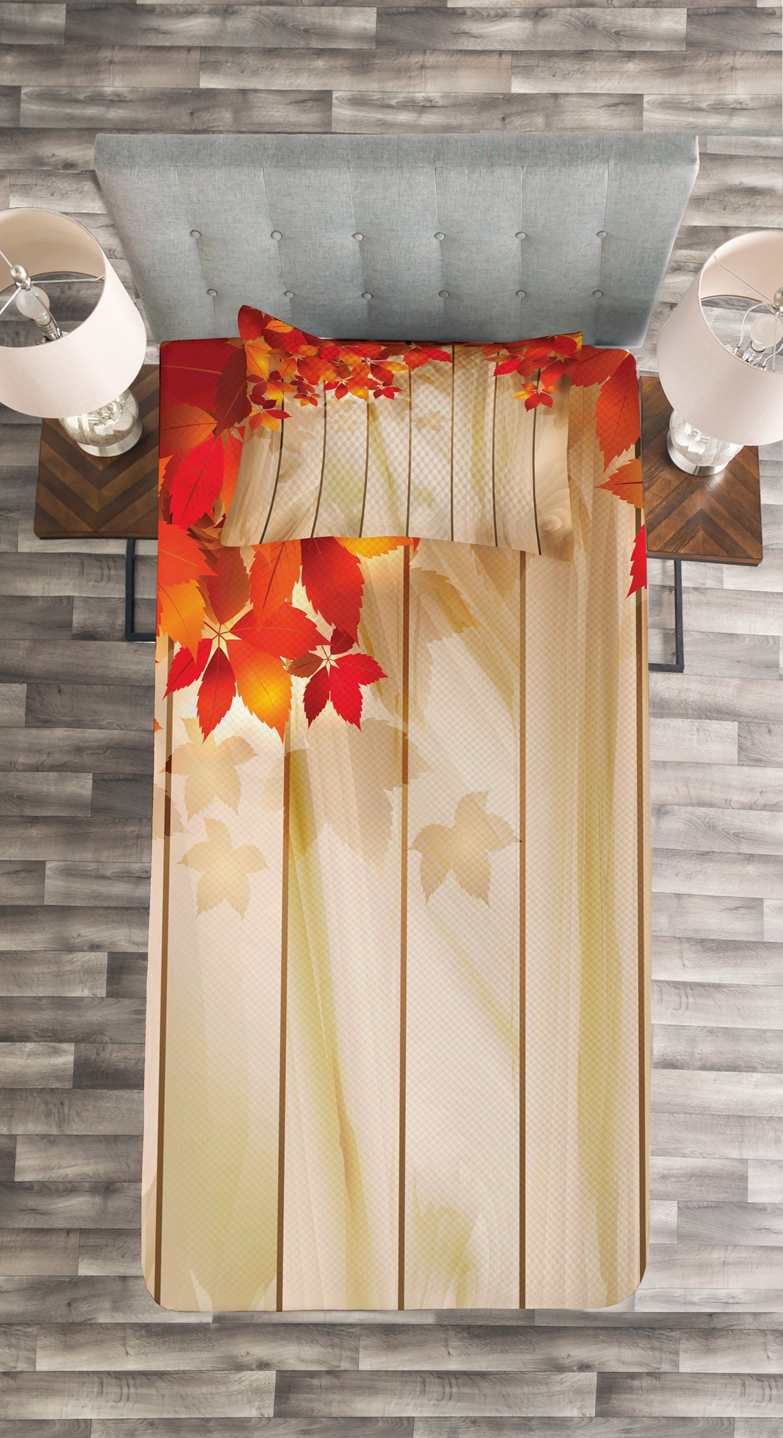 Tagesdecke Set mit Herbst-orange Töne Blätter Waschbar, Abakuhaus, Kissenbezügen Zaun