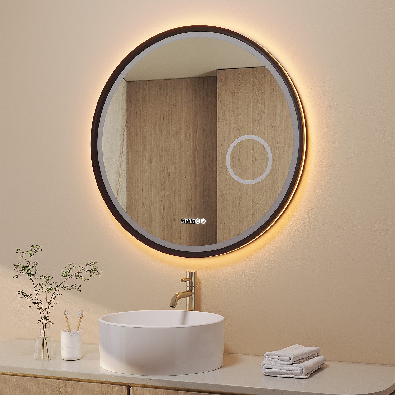 AQUABATOS Badspiegel Rund mit LED Beleuchtung 80 cm Wandspiegel dimmbar Badezimmerspiegel, 3-fach-Vergrößerung Kosmetikspiegel, Touch, Anti-Beschlag, Uhr, IP44