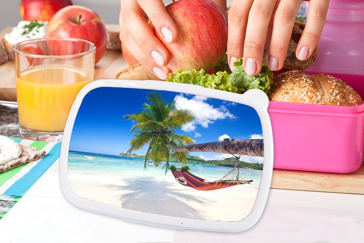 MuchoWow Lunchbox Snackbox, Kunststoff, Brotbox rosa für - Erwachsene, Palme, Mädchen, - Strand - Hängematte (2-tlg), Brotdose Meer Kunststoff Kinder