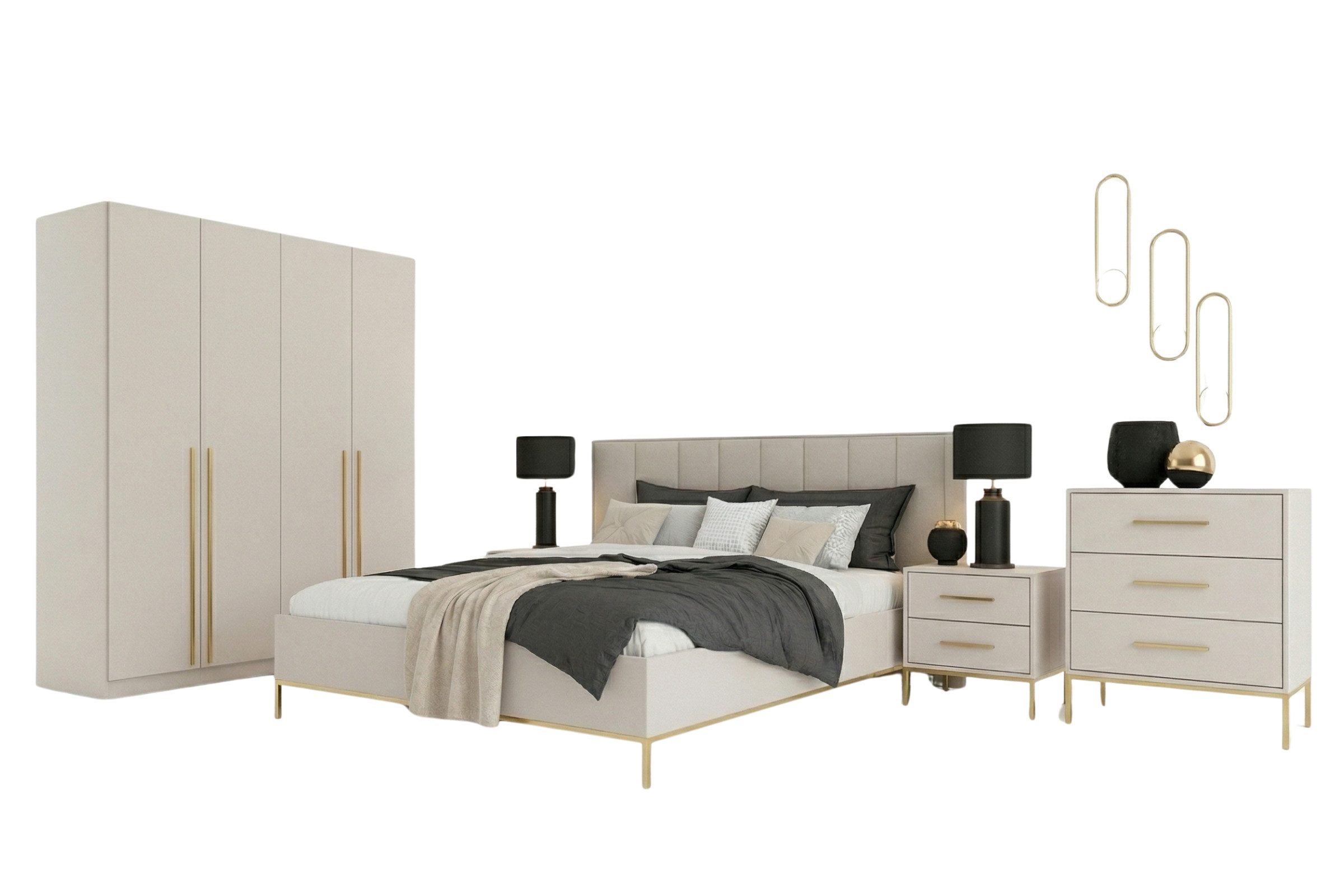 Deine Möbel 24 Komplettschlafzimmer Schlafzimmer-Set B MIRELO in Cashmere, (Set, 5-tlg., goldfarbene Griffe und Füße), mit Bett 160x200 cm, Kleiderschrank 200 cm, Kommode & 2 Nachttischen