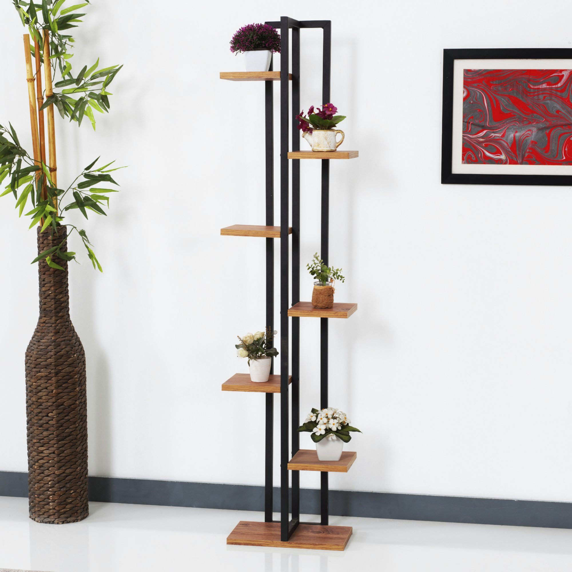 en.casa Blumenständer, Somero Pflanzenregal 150x34x21cm, Schwarz/Walnuss-Op günstig online kaufen