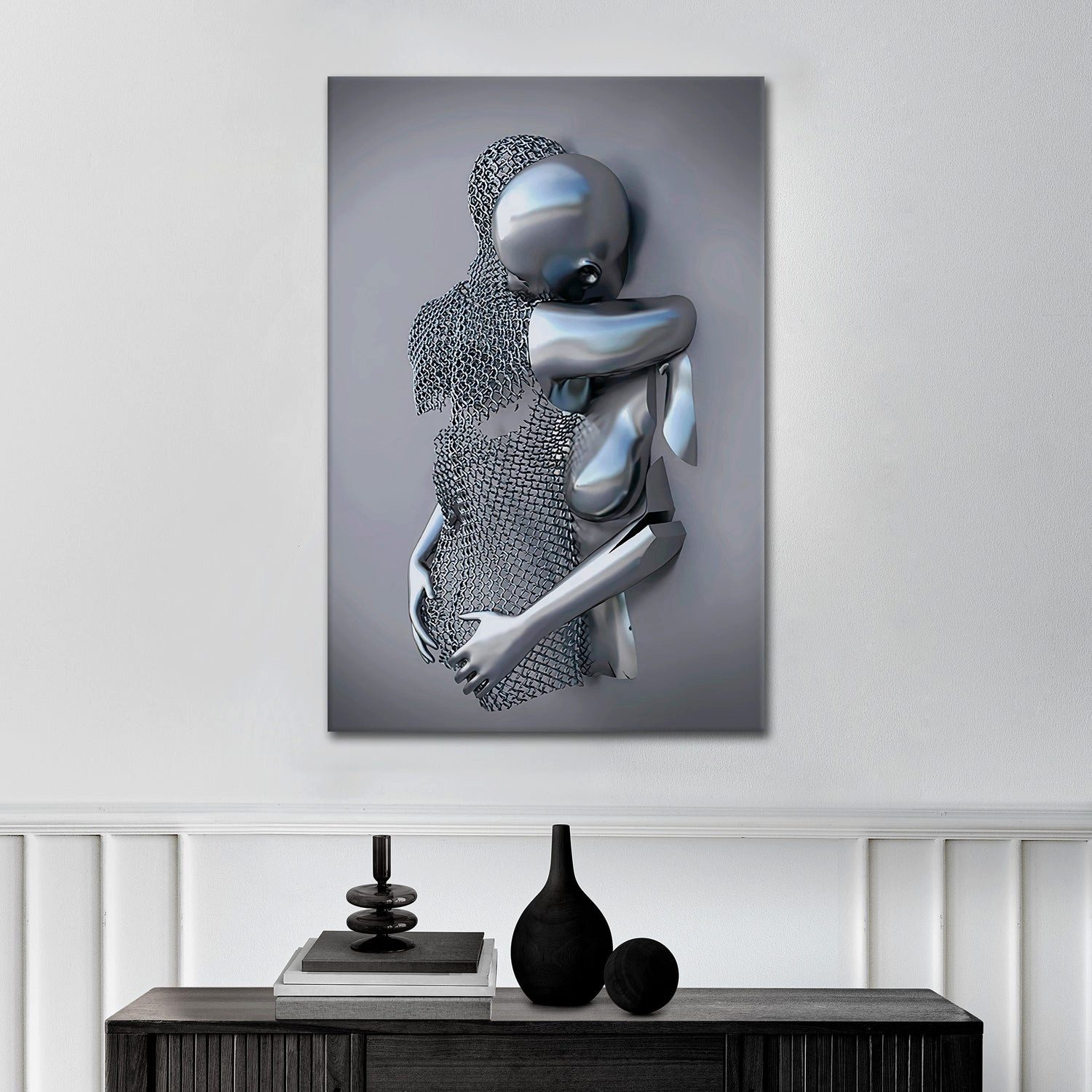 Artedinoi Leinwandbild Metallfiguren Umarmung surreal Silber Leinwandbild Wandbild XXL, Zwei Metallfiguren, surreal