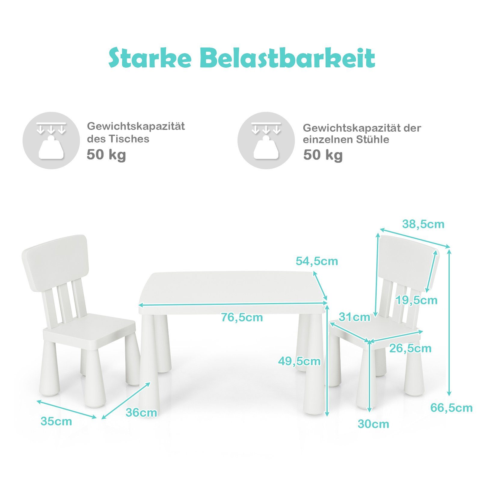 COSTWAY Kindersitzgruppe 3 TLG. Kindermöbel, (Kindertisch mit 2 Stühlen) – Bild 4 von 5