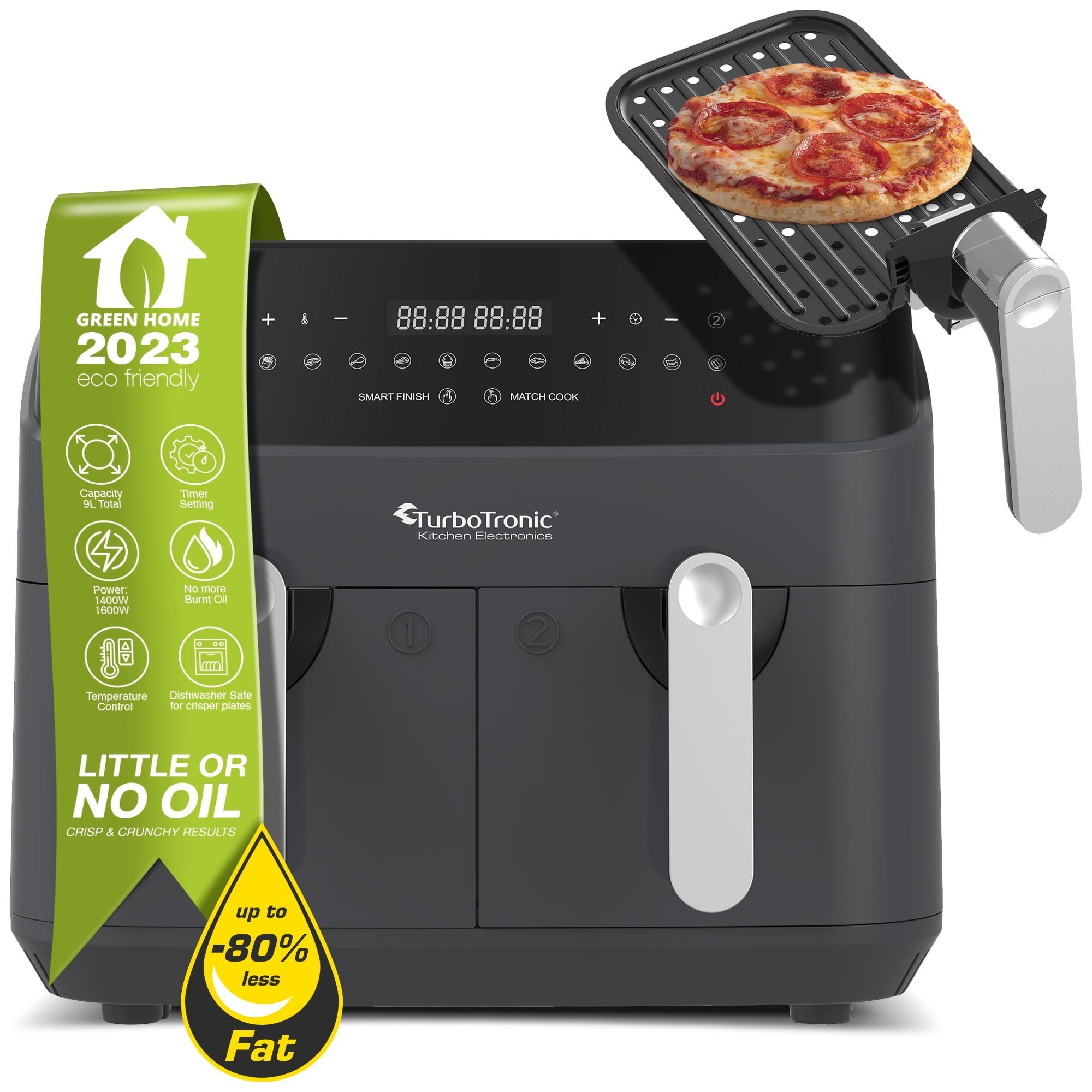 TurboTronic by Z-Line Heißluftfritteuse XXL Doppelkammer 12in1 Dual Airfryer 2x 0,5 kg 200°C Power Pizza Grill, 1600 W, Heissluftfritteuse Testsieger digitale Luftfritteuse Fritteuse ohne Öl