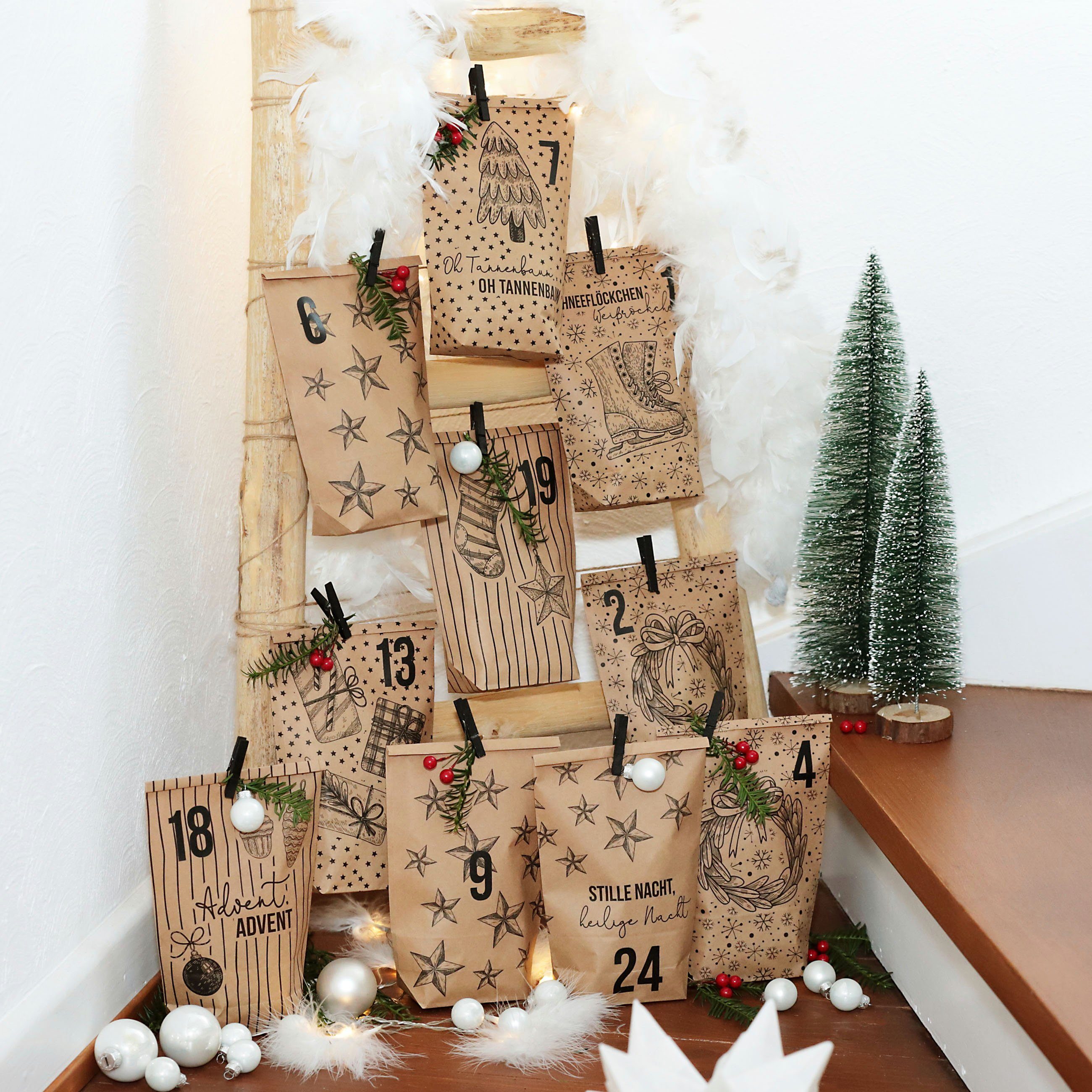 PAPIERDRACHEN befüllbarer Adventskalender DIY Adventskalender - 24 Geschenktüten, 24 Zahlenaufkleber & Klammern