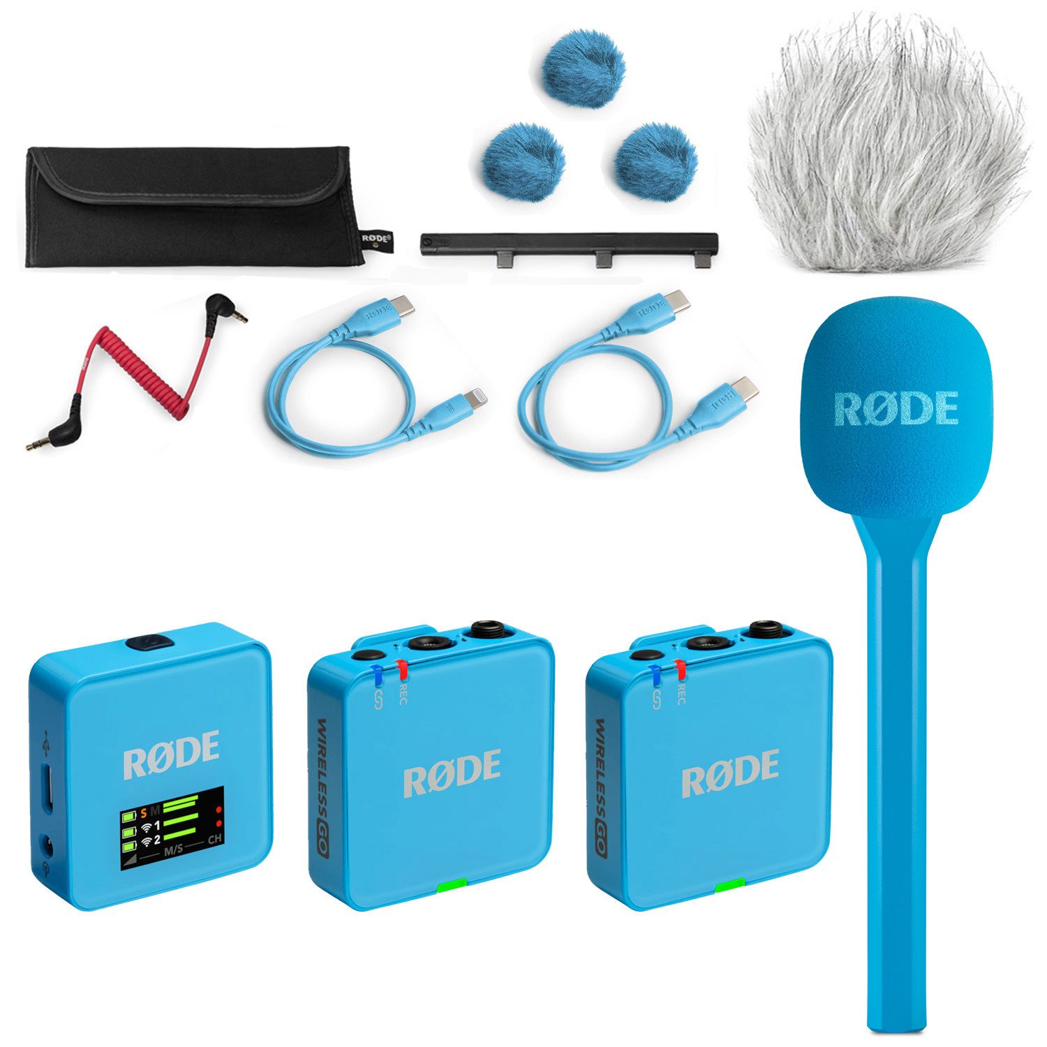 RØDE Rode Mikrofon-Funksystem Wireless GO Gen 3 Interview Set Blau. Digitales Aufnahmegerät (Vorteils-Set mit Interview Go und Fell-Windschutz)