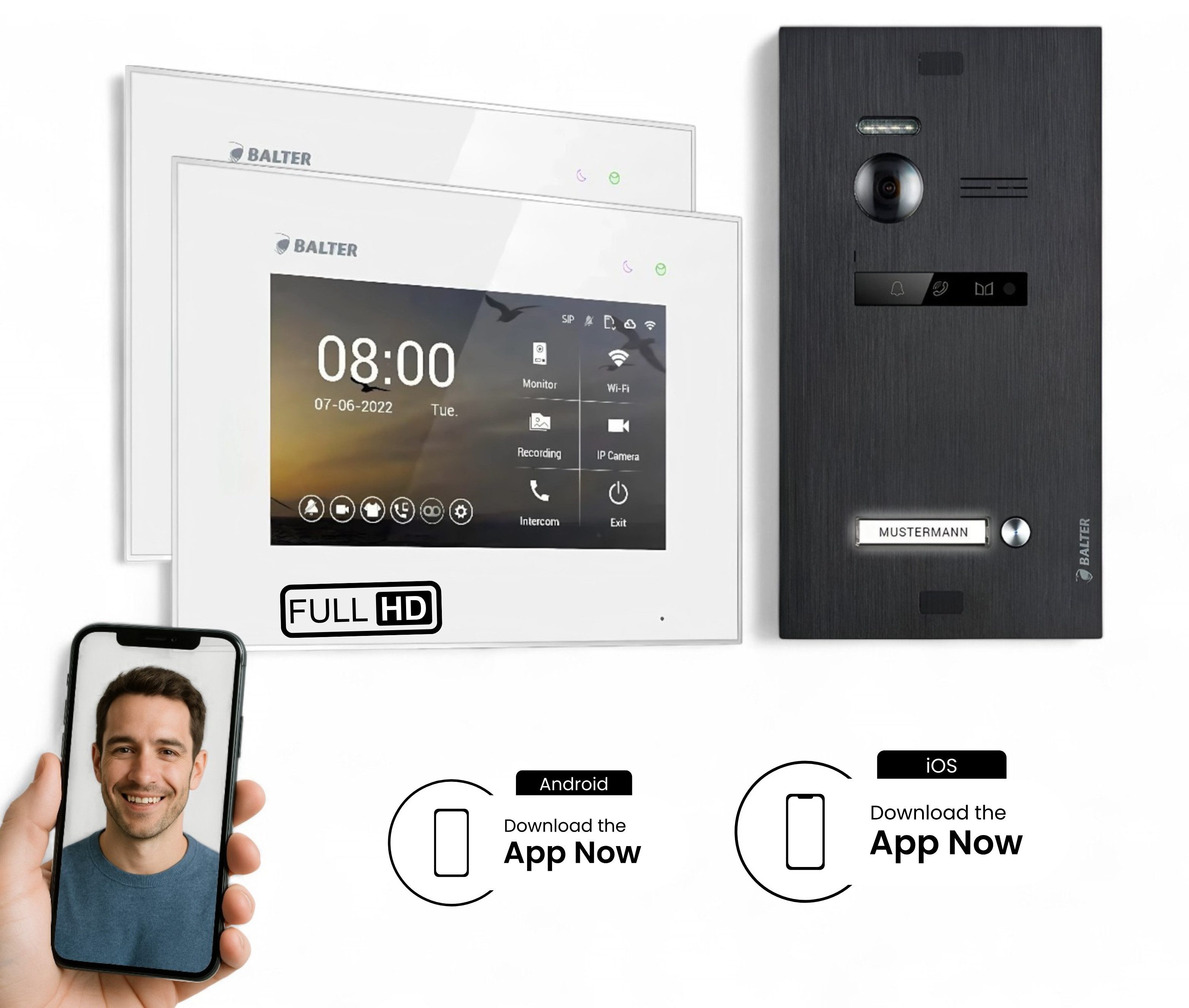 Balter Video-Türsprechanlage BALTER HD WLAN Video Sprechanlage EVO 1-Familienhaus Schwarz Weiß (Set, 1-Familienhaus, Komplettset, Full HD 175° Kamera, App-Steuerung)