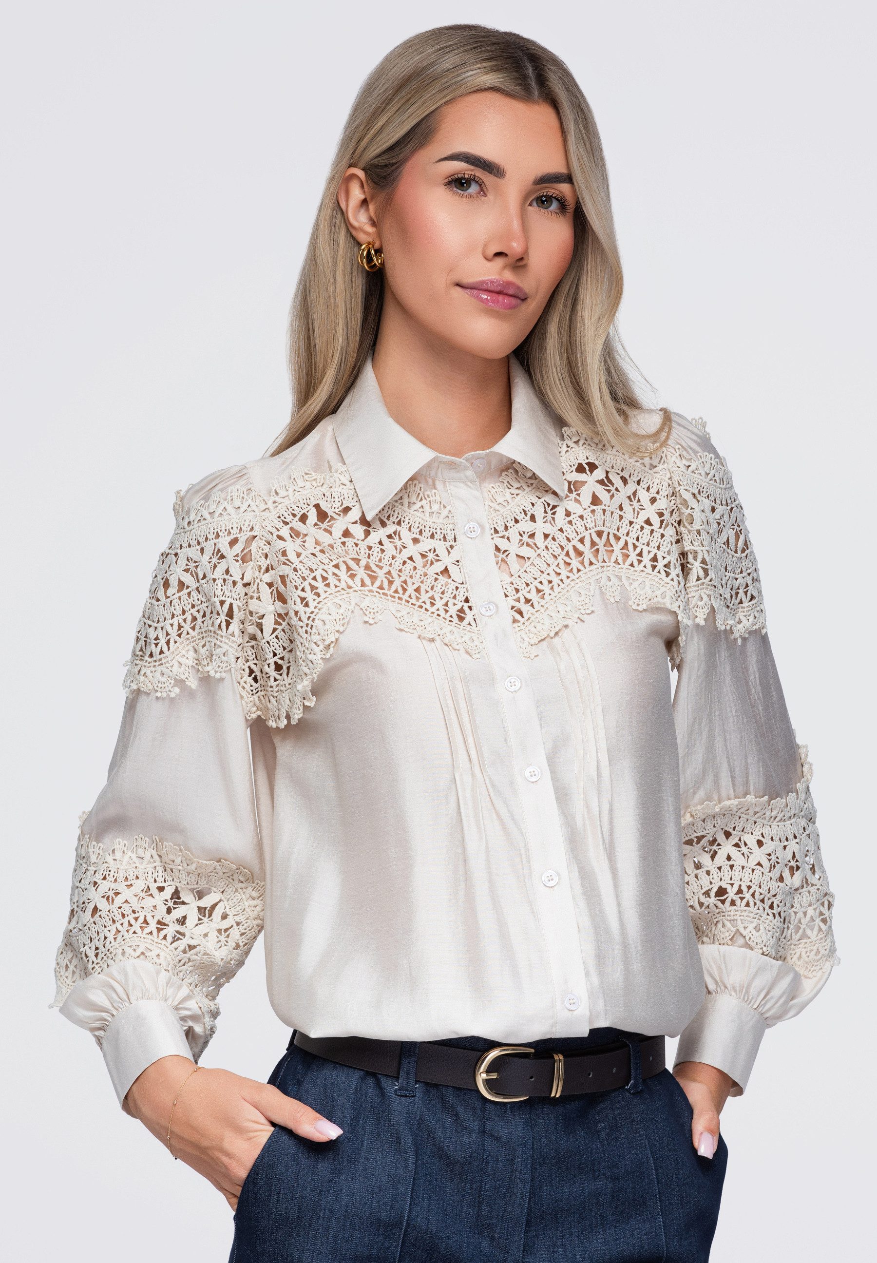 OMBRE Hemdbluse Damen Hemdbluse mit Spitzen-Details Beige S (kein Set, 1-tlg) in Unifarbe