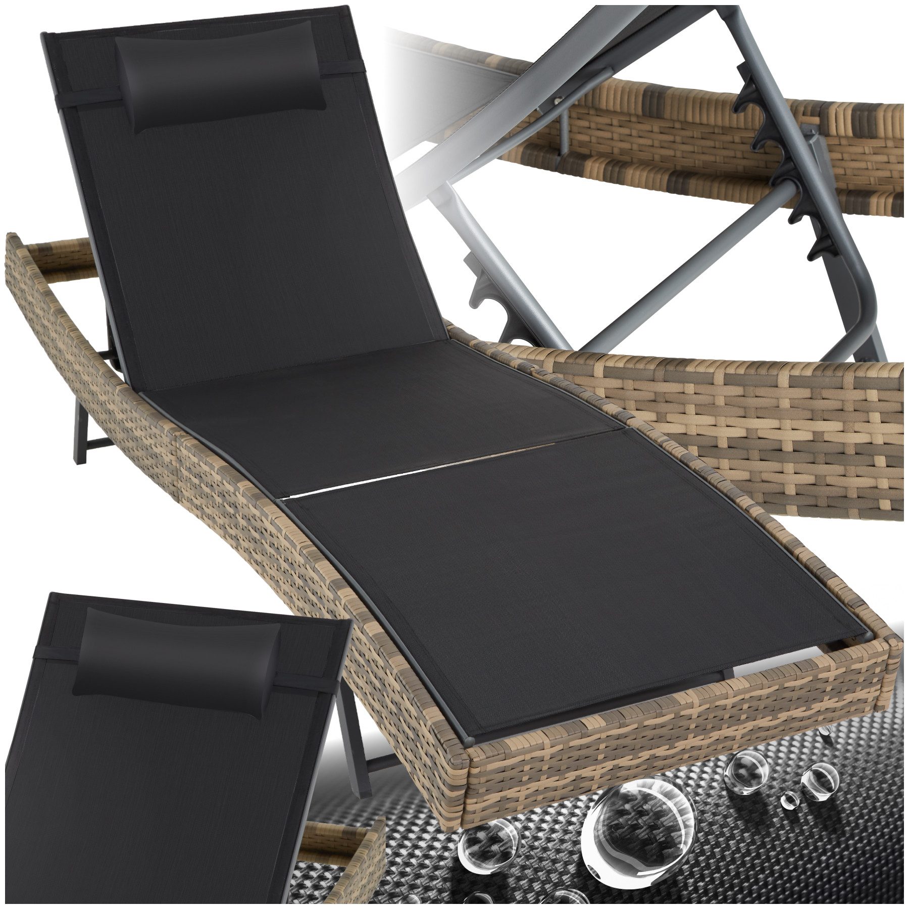 tectake Gartenliege Rattan Sonnenliege, abnehmbares Kopfkissen, 69 x 211 x 41 - 94 cm, Balkonliege Moana, 1 St., für Außen in Natur, widerstandsfähig und UV-beständig, luftdurchlässig, verstellbar