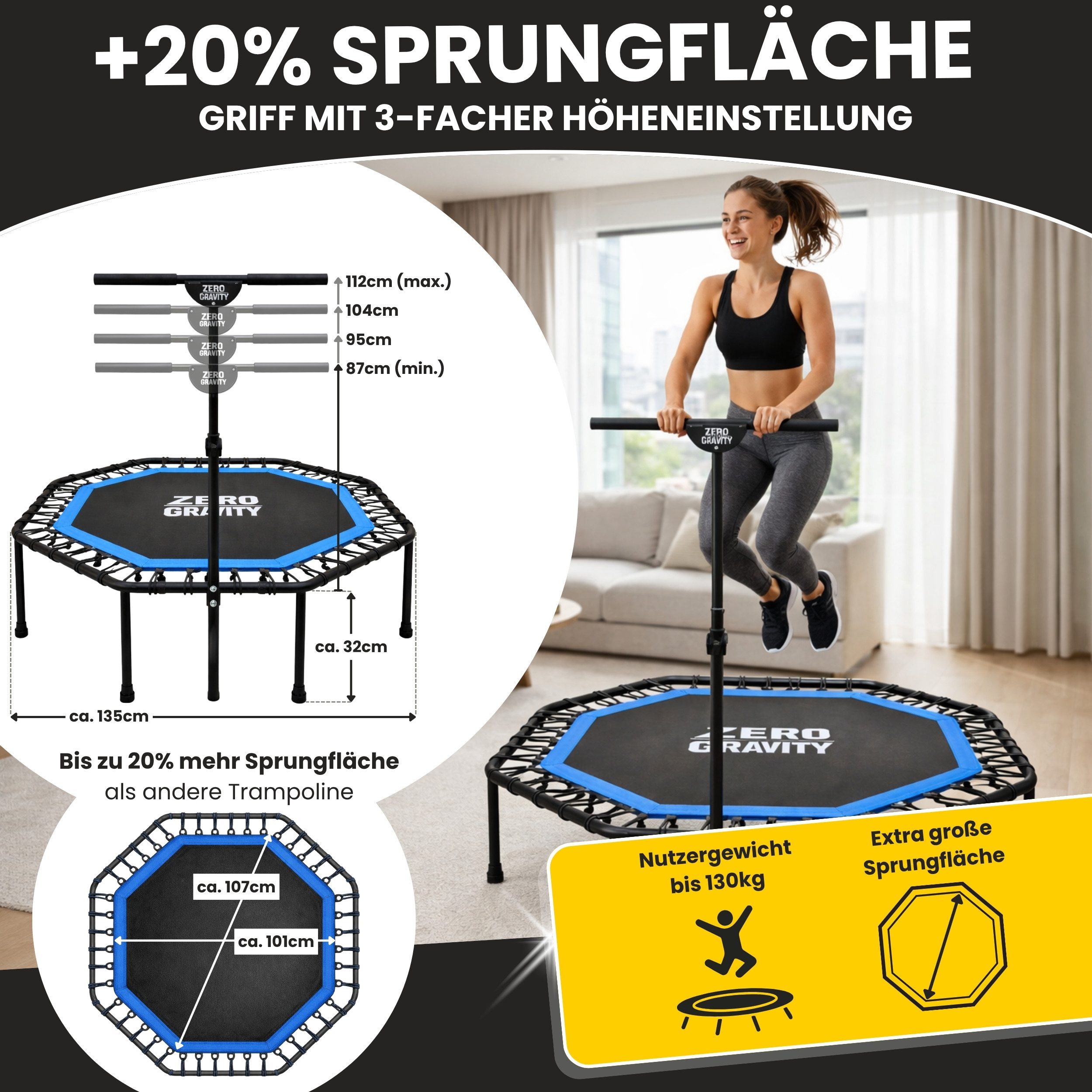 Zero Gravity Fitnesstrampolin mit großer Sprungfläche • Höhenverstellbarer Haltegriff • Bis 130kg, Ideal für Jumping Fitness, Leise Bungeeseilfederung, 9 Standbeine