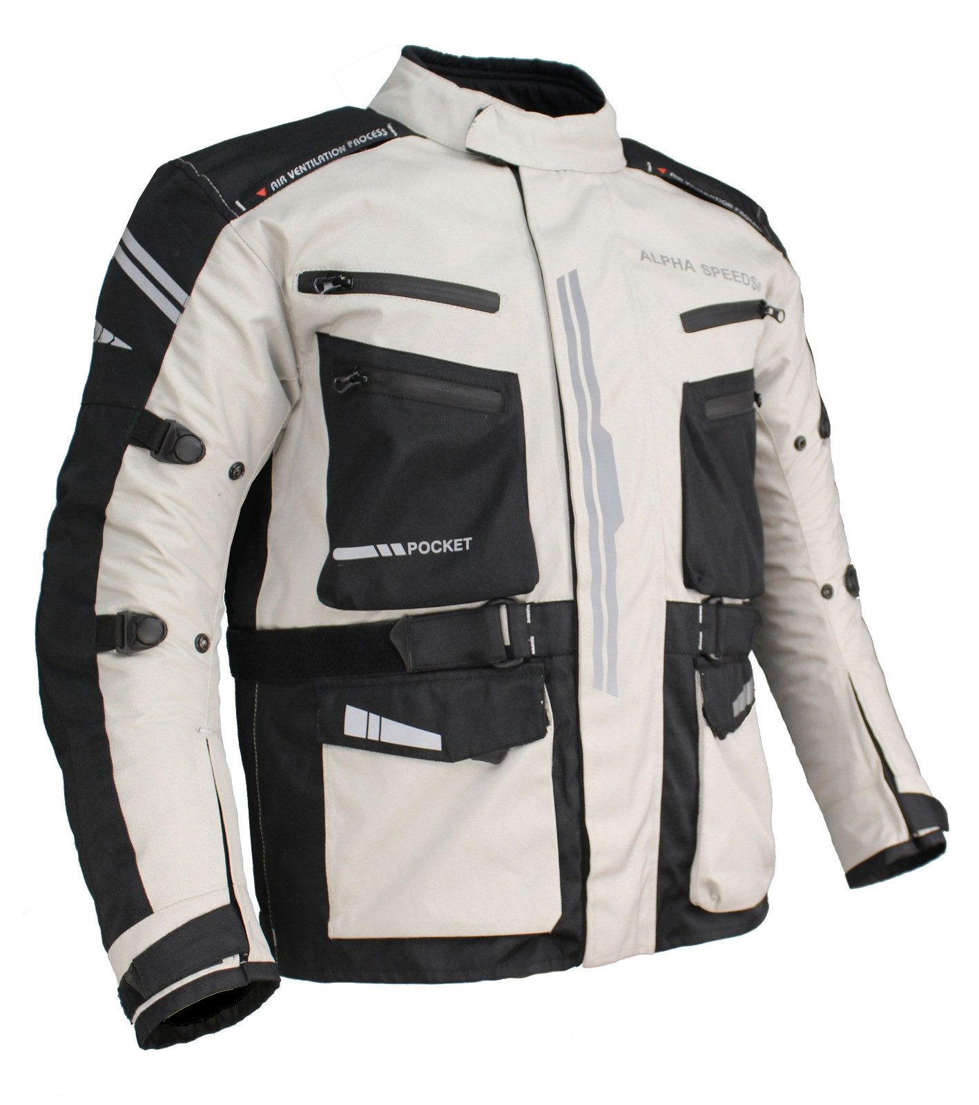 Alpha Speeds Motorradjacke JET PRO, All-Saison Motorradjacke inklusive Protektoren (2026) Abnehmbares Membran + Futter, 7 Belüftungen, 10 Taschen, in Off-White