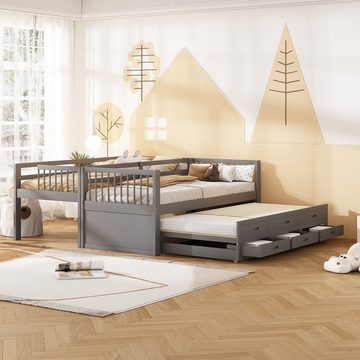 REDOM Bett Etagenbett Kinderbett Hausbet Einzelbett (Bettgestell aus Kiefer und MDF mit Leiter undausziehbarem Bett, 3 Schubladen), 90x200cm, Matratze nicht enthalten