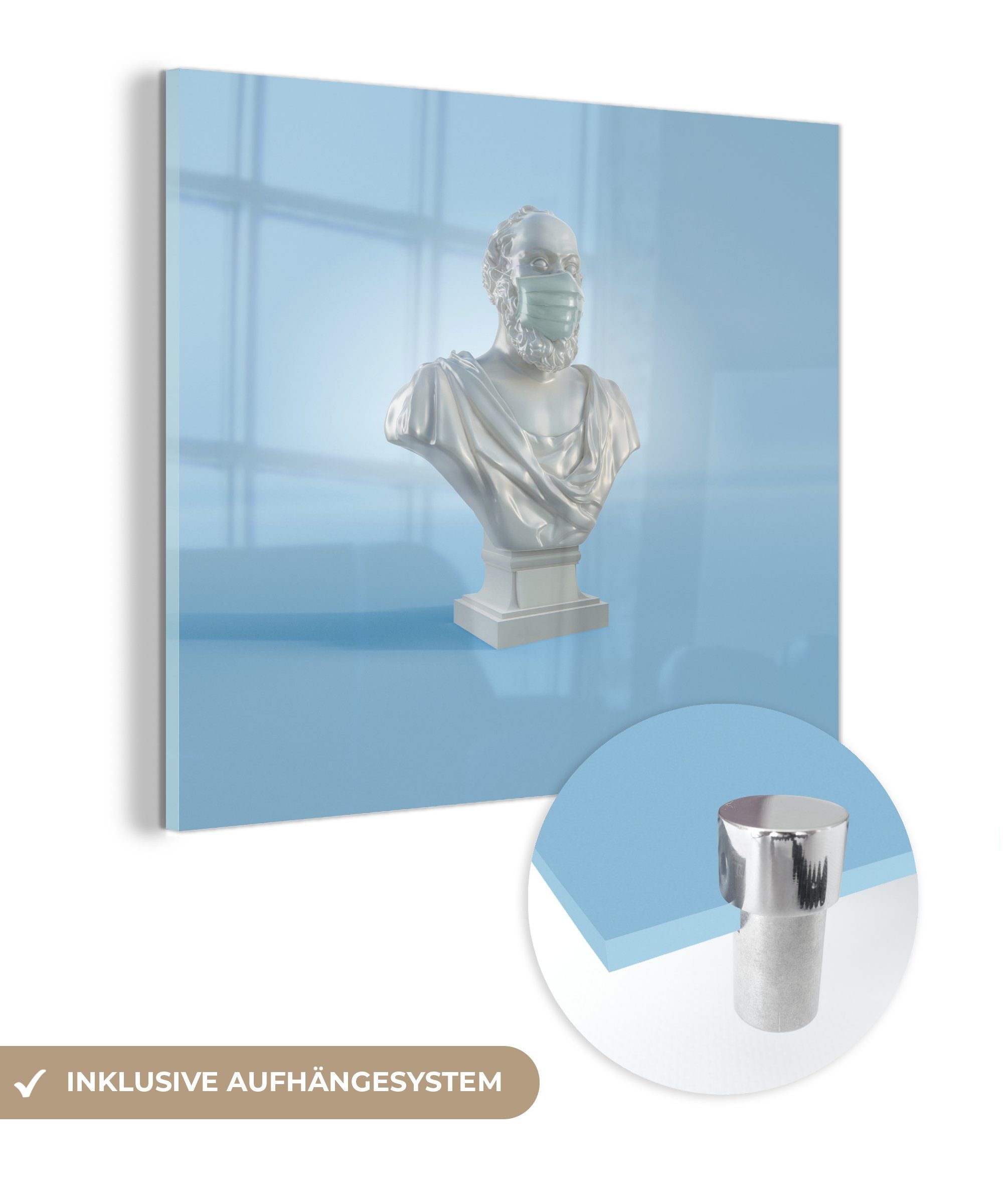 MuchoWow Acrylglasbild Statue eines St), (1 Foto Mannes Bilder - Wandbild alten - - Glasbilder mit auf Glas Wanddekoration auf Mundschutz, Glas