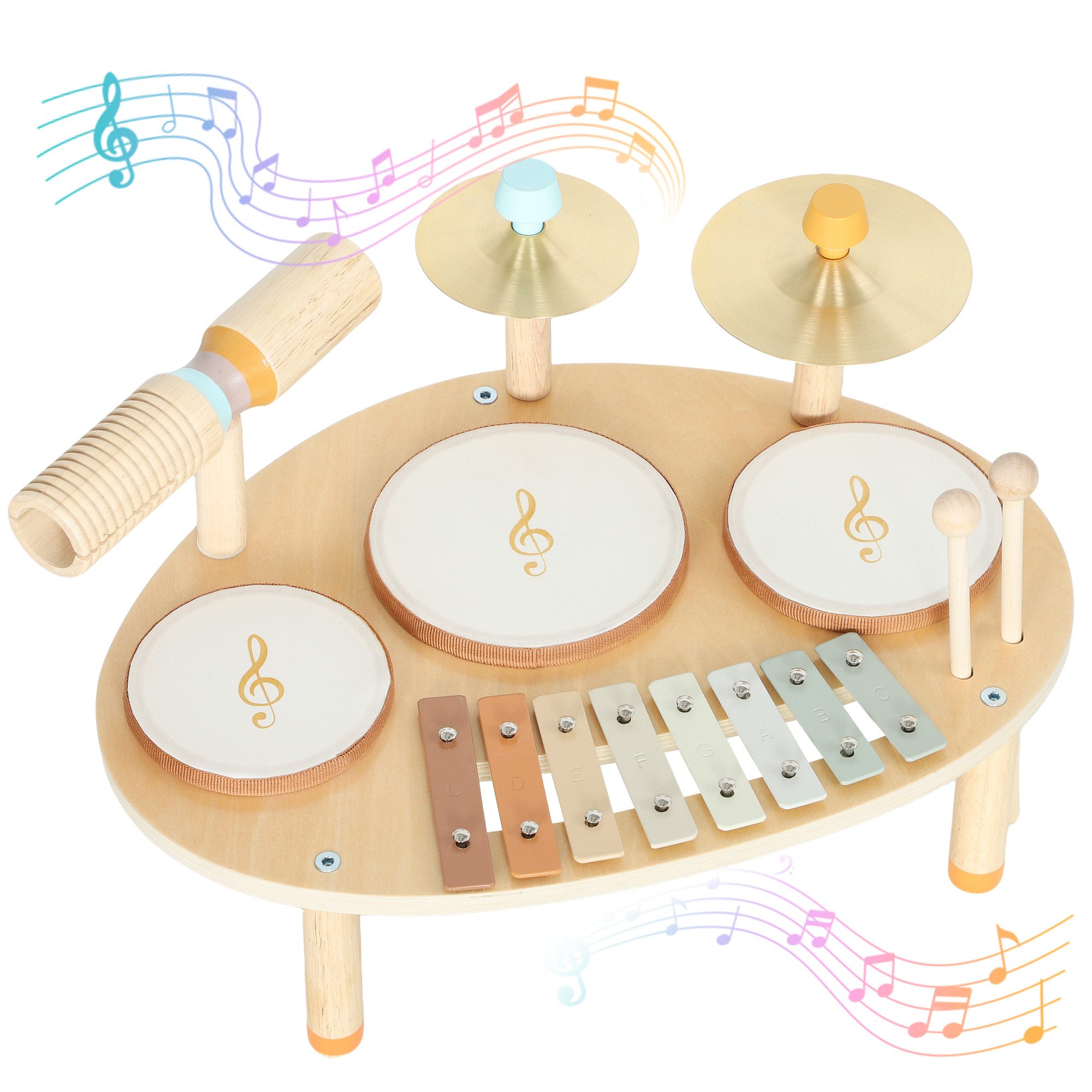 AIYAPLAY Kinderschlagzeug 4-in-1 Musikset mit Trommeln Xylophon Geschenk für Jungen Mädchen,Schlagwerk für Kinder, 6-St., Sensorisches Lernspielzeug, für Kinder ab 2 Jahre Naturholz