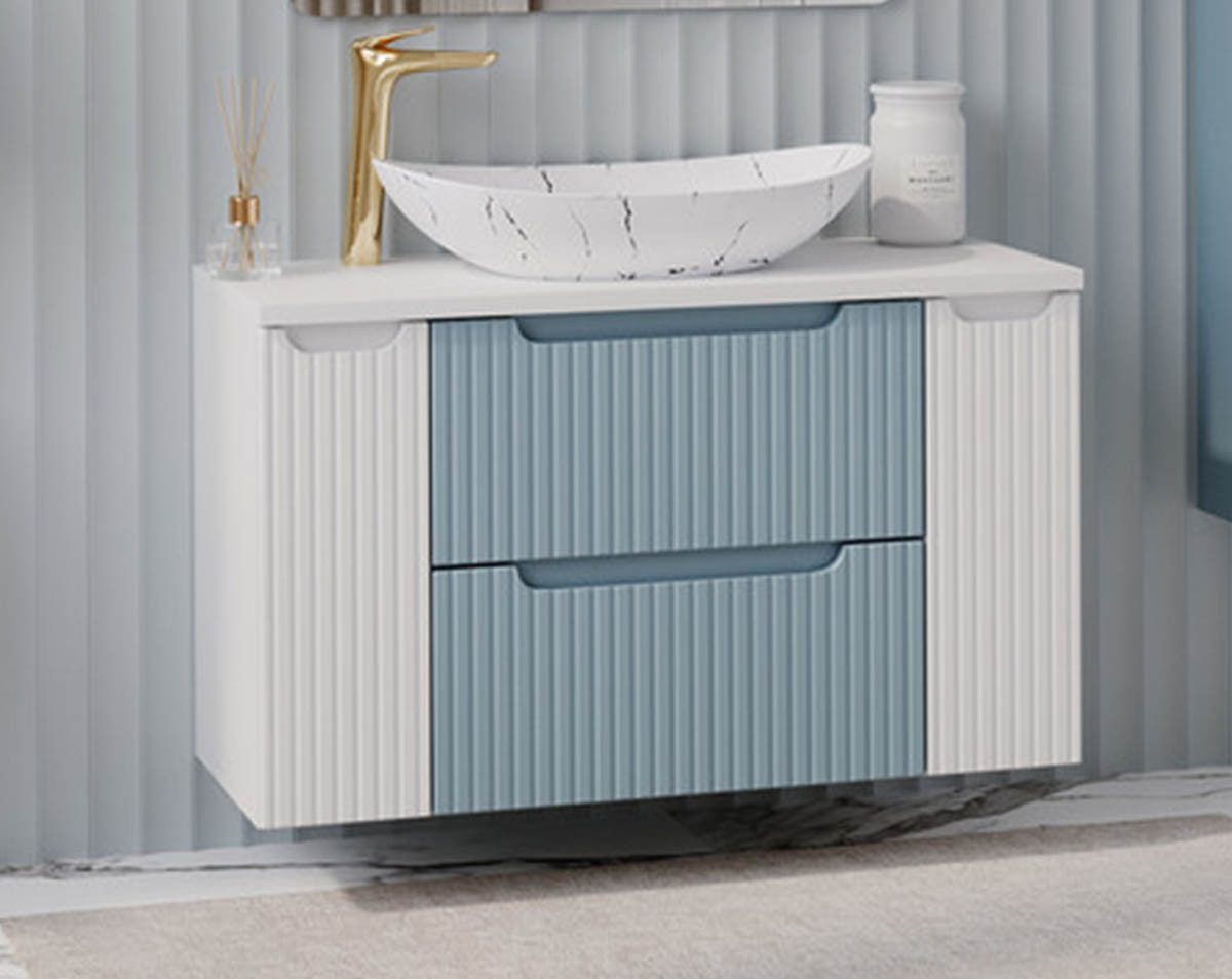 einfachgutemoebel Waschtisch-Set ILUNA Blue Badset 2-teilig 100cm – Spiegel 80x70cm, weiße Oberplatte, (Badmöbel Set, 1-St., Waschtisch Unterschrank)