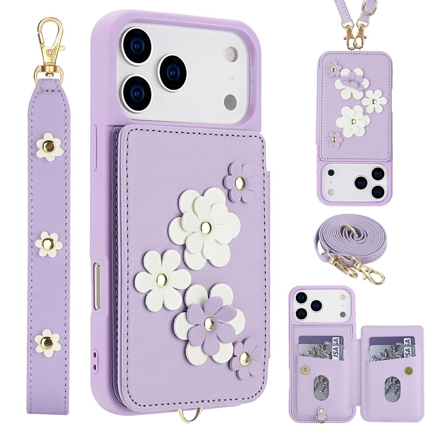 Wigento Handyhülle Für Apple iPhone 17 Pro Crossbody Kunstleder Blumenmotiv Hülle Lila, Mit Kartenfächern, Gurt, Kickstand-Funktion