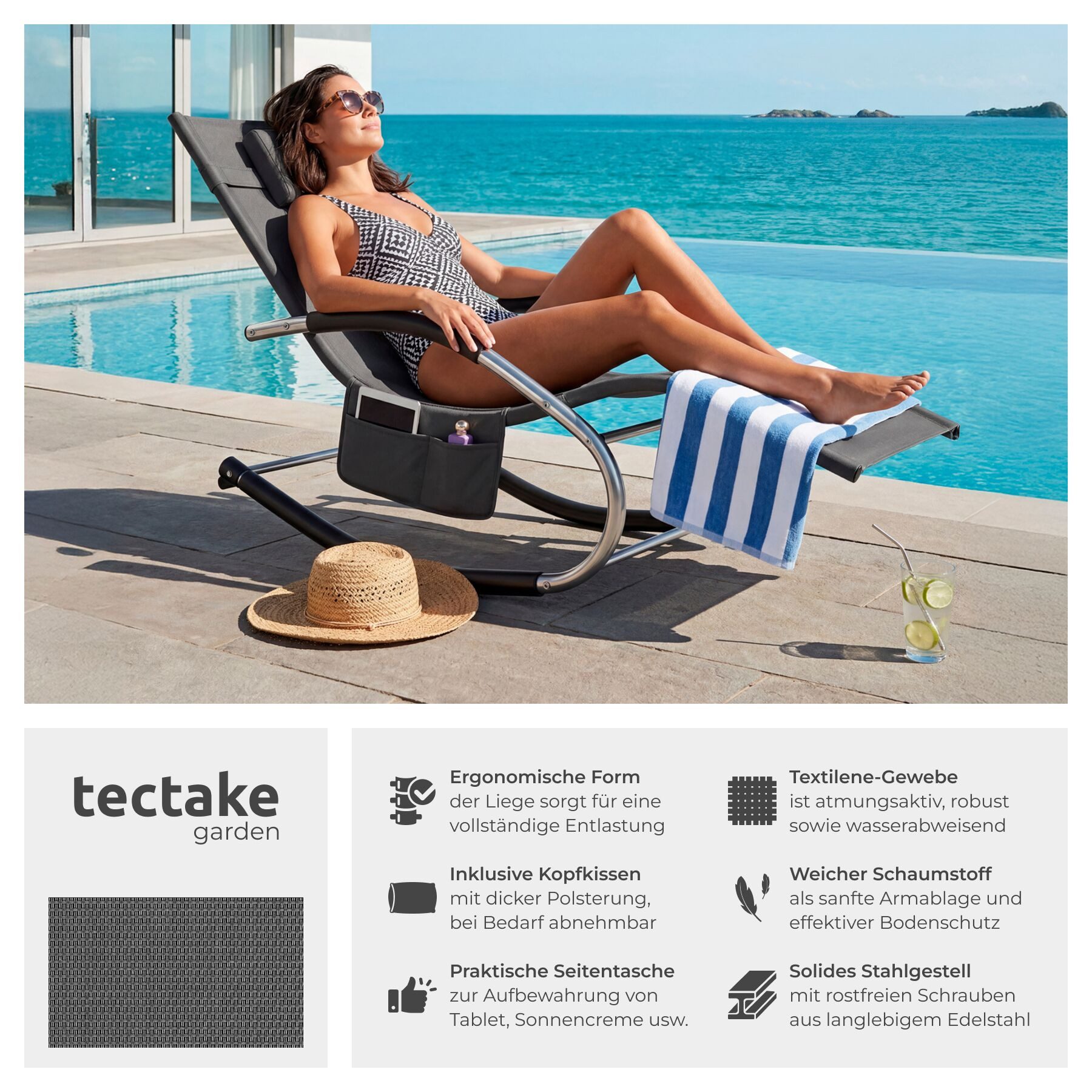 tectake Gartenliege ergonomische Sonnenliege, Belastbarkeit 120 kg, 62 x 146 x 92 cm, Balkonliege Taya, 1 St., für Außen in Grau, gepolstert, atmungsaktiv, wasserabweisend, mit Aufbewahrungstasche