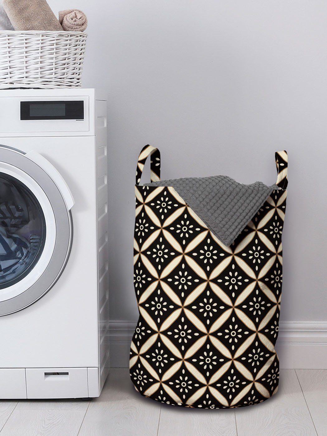 Folk-Muster für mit Wäschesäckchen Geometrisch Waschsalons, Abakuhaus Kordelzugverschluss Wäschekorb Antik Griffen Boho
