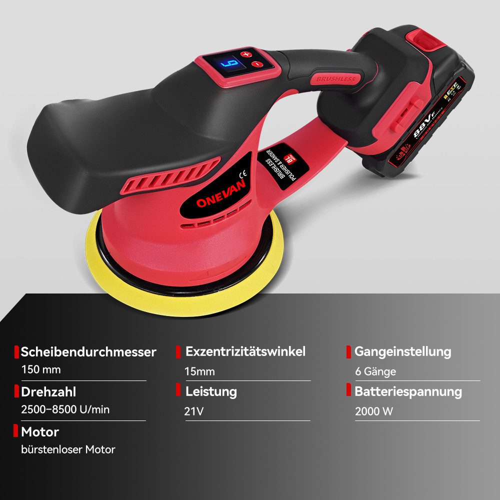 ONEVAN Cordless Polisher Set 150mm Car Polishing Kit 5800 RPM Polisher, 2500 min. RPM, 8500 max. RPM, with 2 Batteries for Car, Metal, Furniture, Car Care