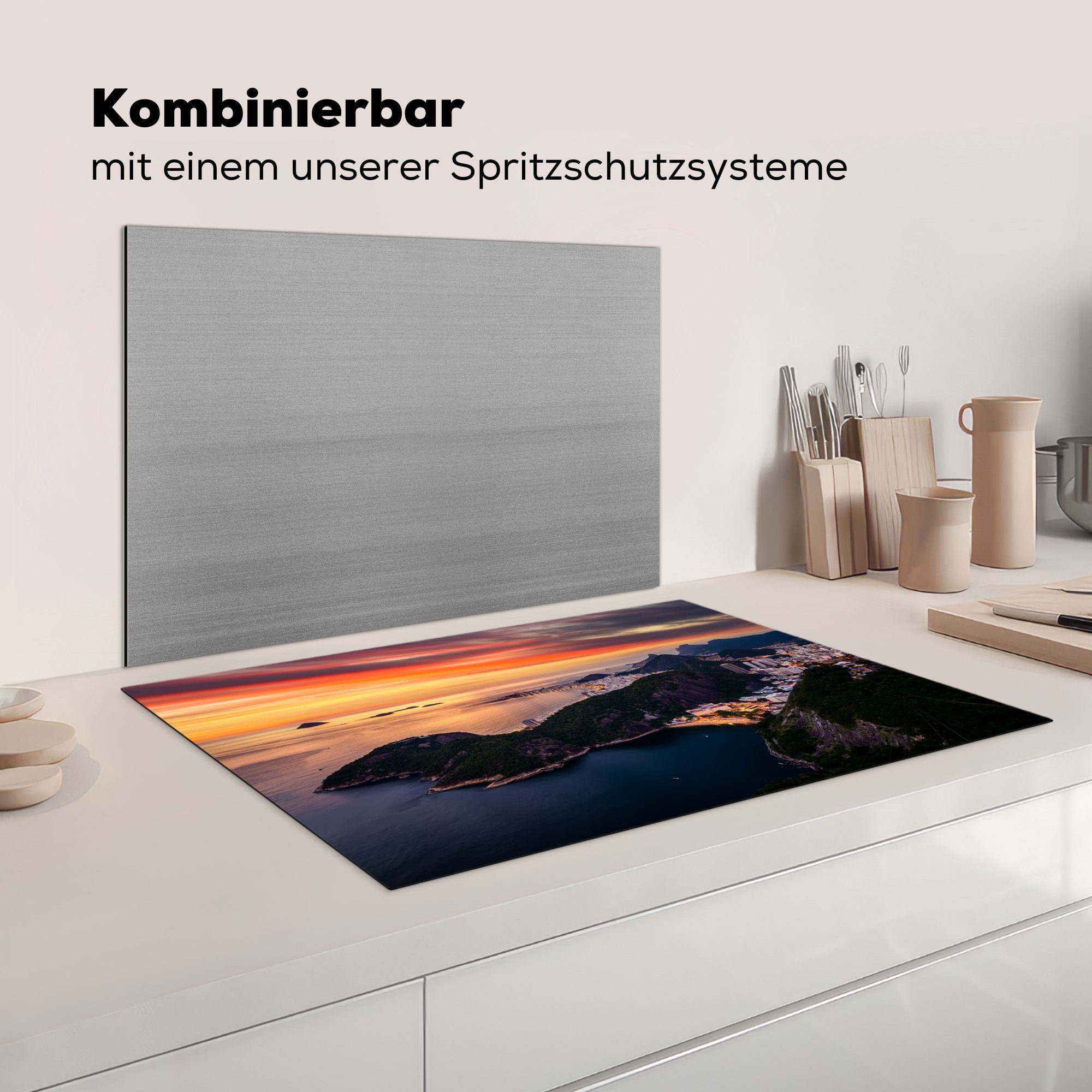 MuchoWow Herdblende-/Abdeckplatte Rio 81x52 die Vinyl, Sonnenuntergang, cm, Schutz für Janeiro bei Ceranfeldabdeckung Induktionskochfeld de küche, (1 tlg)