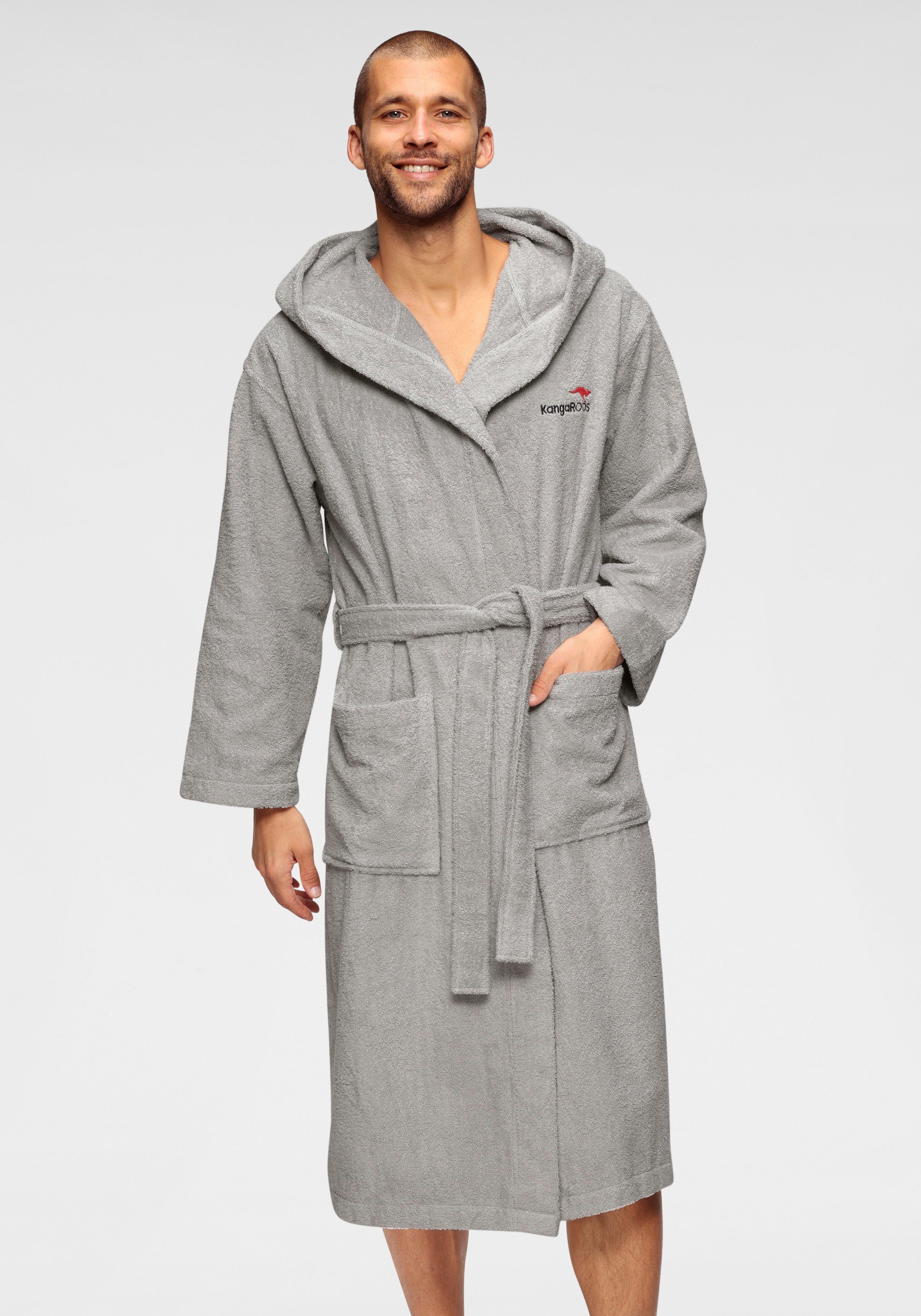KangaROOS Unisex-Bademantel Cassidy, für Damen & Herren, Standardlänge & Überlänge, Langform, Walkfrottee, Kapuze, Gürtel, mit Taschen, Männer und Frauen, Baumwolle, Reise, Hotel, Sauna, S-3XL