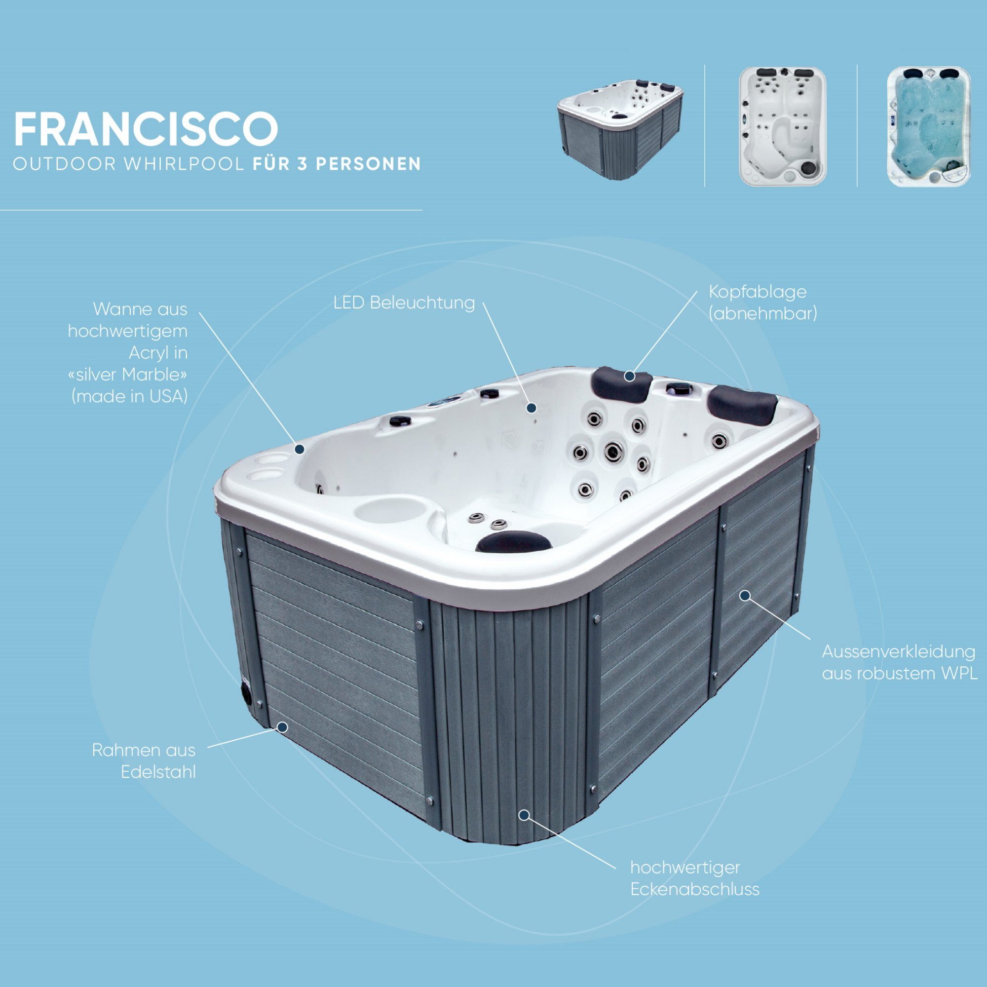 Planet Spa Whirlpool Whirlpool SPA Francisco 1000l, 184x124x75 cm, 22 D, Aufstellbecken, (Komplett-Set, 1-tlg)