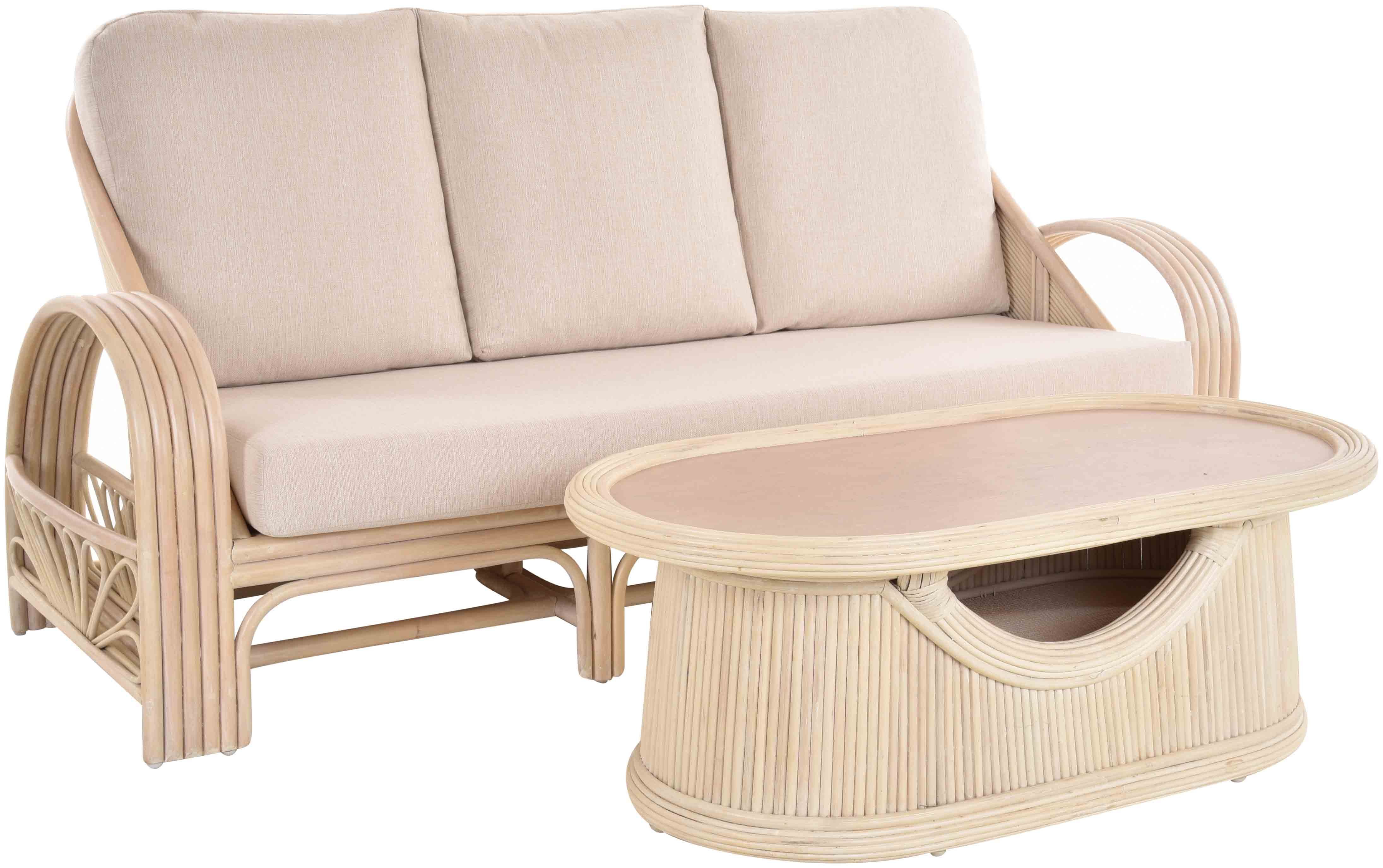 Krines Home Sitzgruppe Set/2 Loungesofa Déco aus echtem Rattan Wohnzimmer Sofa mit Tisch, (2-tlg., 1x Dreisitzersofa, 1x Tisch oval), mit ovalem Tisch für 3 Personen, eingearbeiteter Zeitungshalter