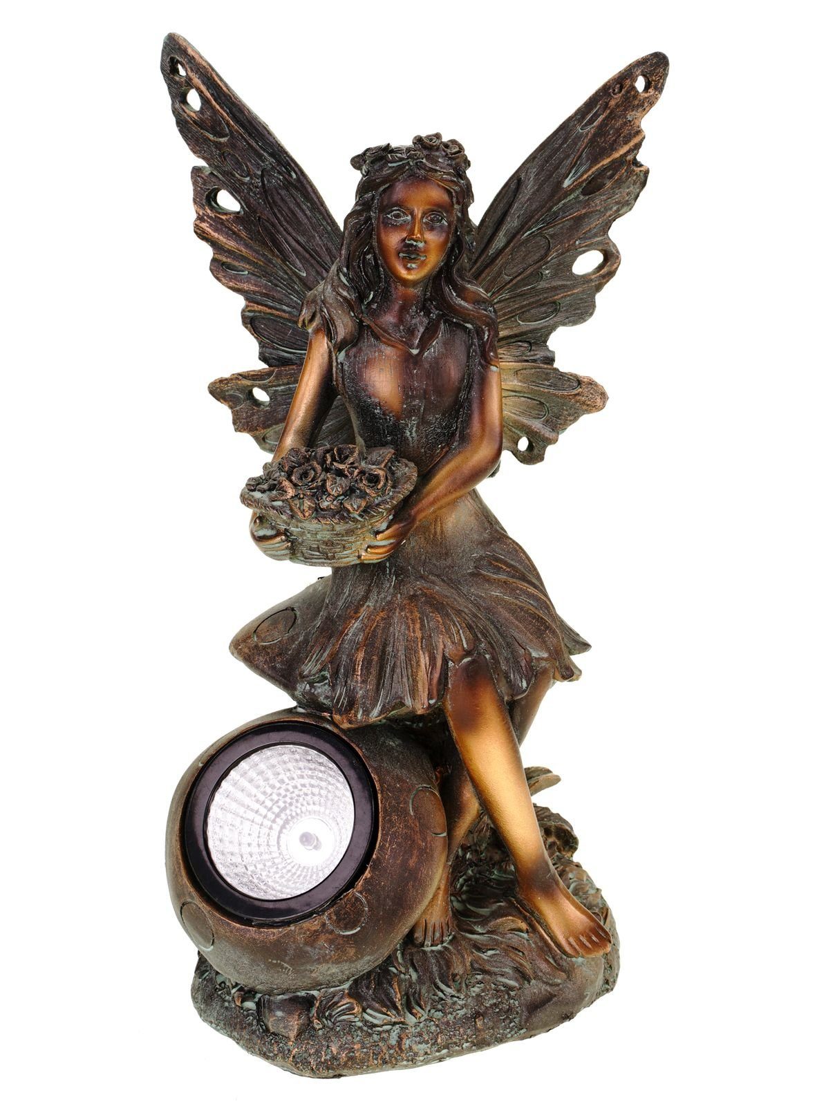 Kremers Schatzkiste Gartenfigur Edle Elfe mit Solar Blumenstrauß Figur Gartenfigur 30cm Fee Fairy LED
