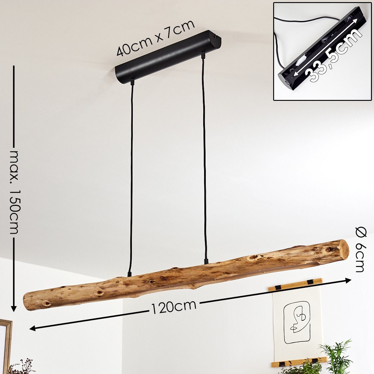hofstein Pendelleuchte »Licata« dimmbare Hängelampe aus Metall/Holz in Schwarz/Natur, 3000 Kelvin, Holzbalken,1358 Lumen, dimmbar o. Zubehör über Lichtschalter