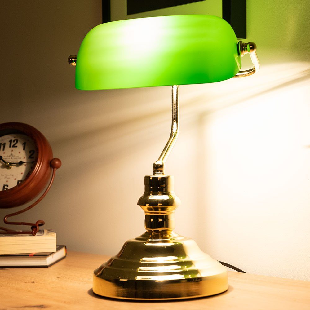 etc-shop LED Tischleuchte, Leuchtmittel grün Tischlampe mit Schirm nicht inklusive, Metall Nachttischlampe Bankerleuchte