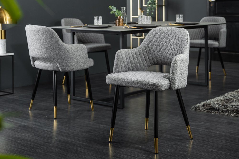 riess-ambiente 4-Fußstuhl PARIS hellgrau / schwarz gold (Einzelartikel, 1 St), Esszimmer · Strukturstoff · Metall · mit Armlehne · Ziersteppung