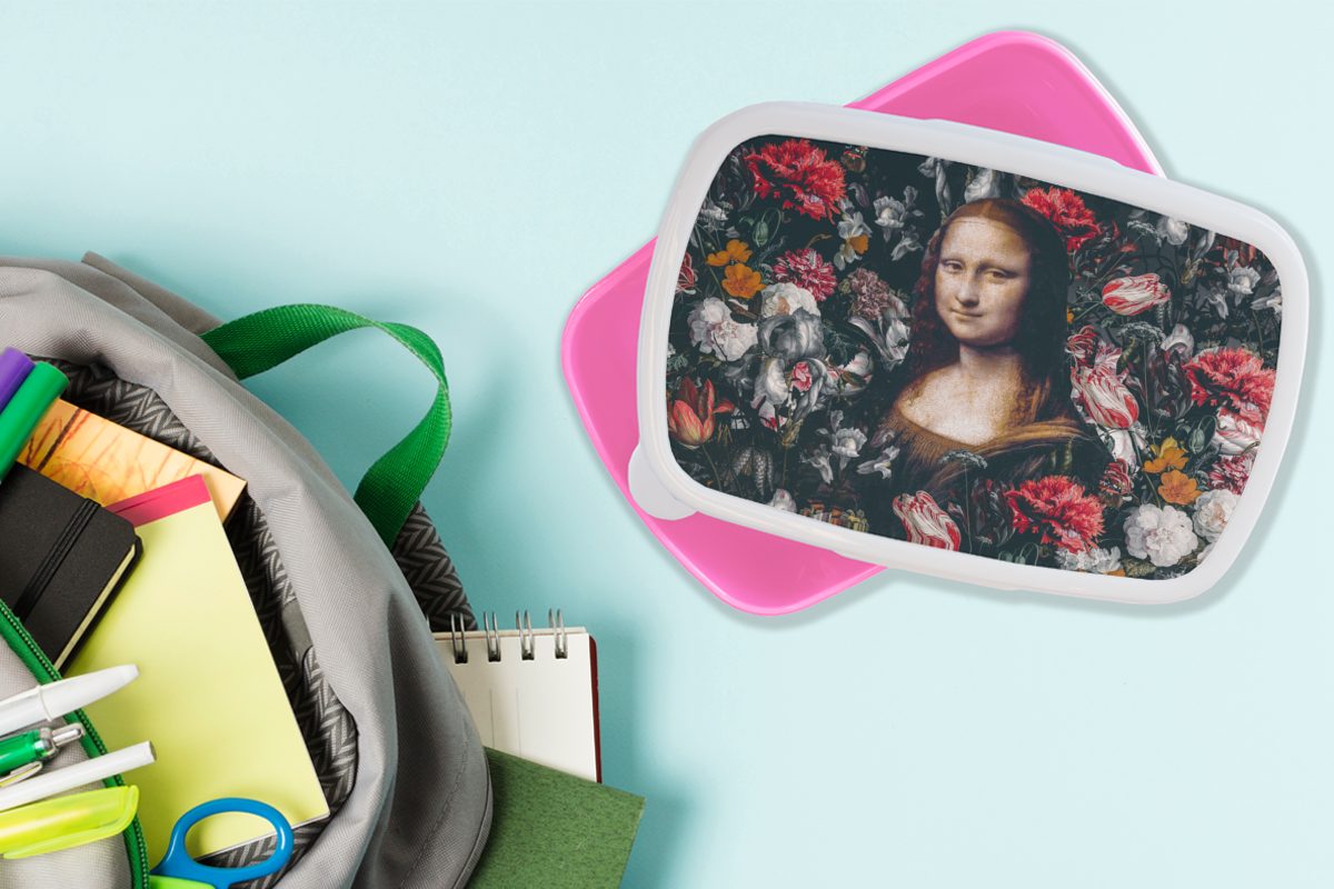 Vinci - - Brotbox Lisa Kinder, (2-tlg), Blumen rosa Kunststoff, Brotdose MuchoWow Mona Erwachsene, Mädchen, Gemälde, - Snackbox, Da für Lunchbox Kunststoff