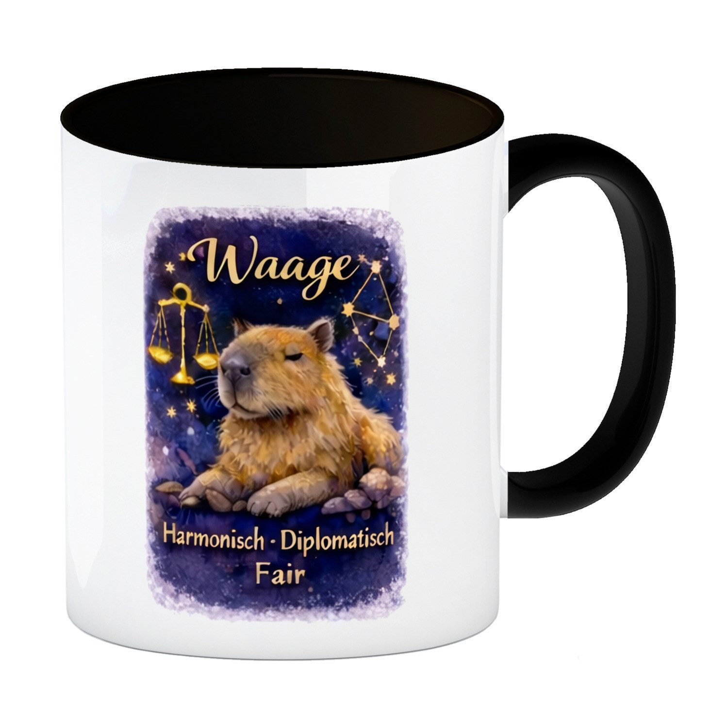 speecheese Tasse Waage Sternzeichen Cabybara Kaffeebecher in schwarz für Astrologie