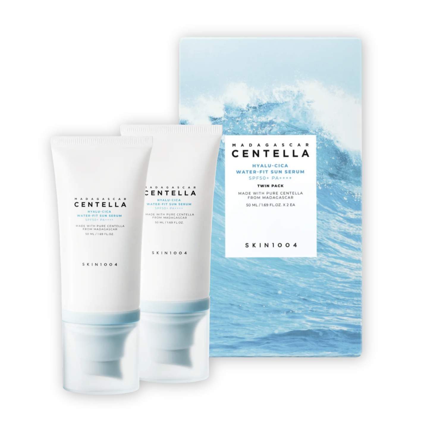 SKIN1004 Sonnenschutzcreme Madagascar Centella Hyalu‑Cica Water‑Fit Sun Serum Twin Pack 2×50 ml, SPF50+ PA++++ – ultraleichtes Koreanisches Sonnenschutz-, Serum mit Centella & Hyaluron für Gesicht & Körper