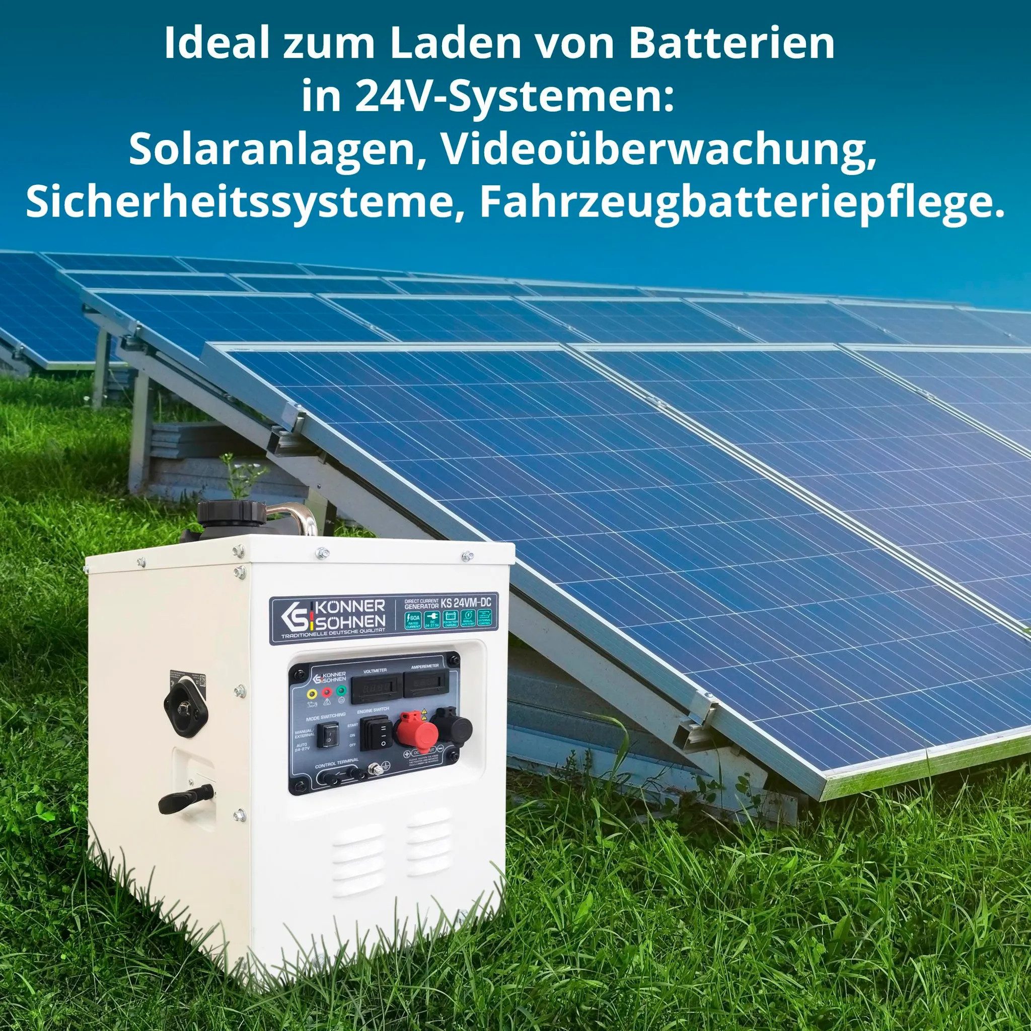 Könner & Söhnen KS 24VM-DC generator (24V DC generator for solar systems and battery charging, 1-piece, 60A charging current, auto-start function, 8L tank, 24-27.5V), 24V direct current, auto mode, soundproofed, 69dB, Euro V