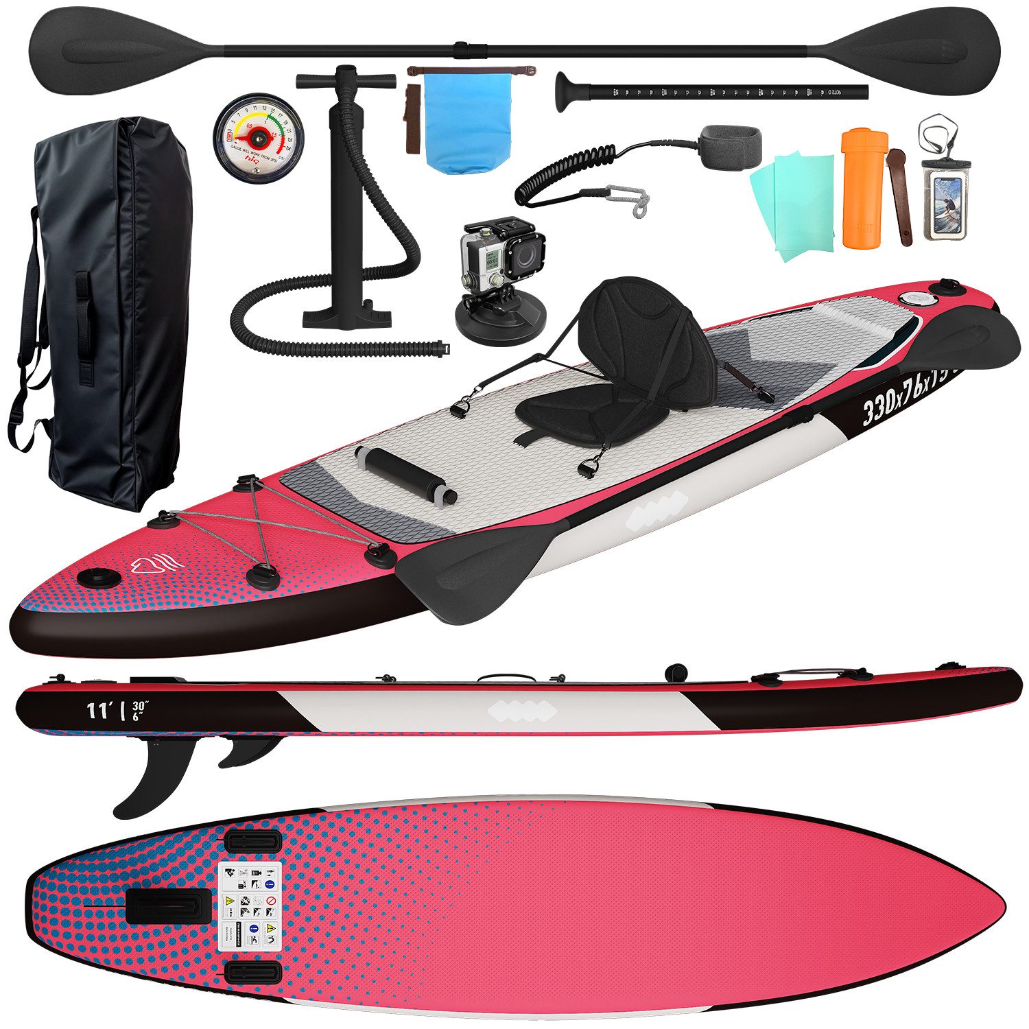 GUNJI Inflatable SUP-Board Aufblasbares 320*80*15CM stehendes Zellstoffbrett Tragfähigkeit 170KG, (Mit Kajaksitz, Rucksack, Pumpe, Doppelpaddeln, Sportkamerahalter, wasserdichter Handytasche, ideal zum Surfen, Angeln)