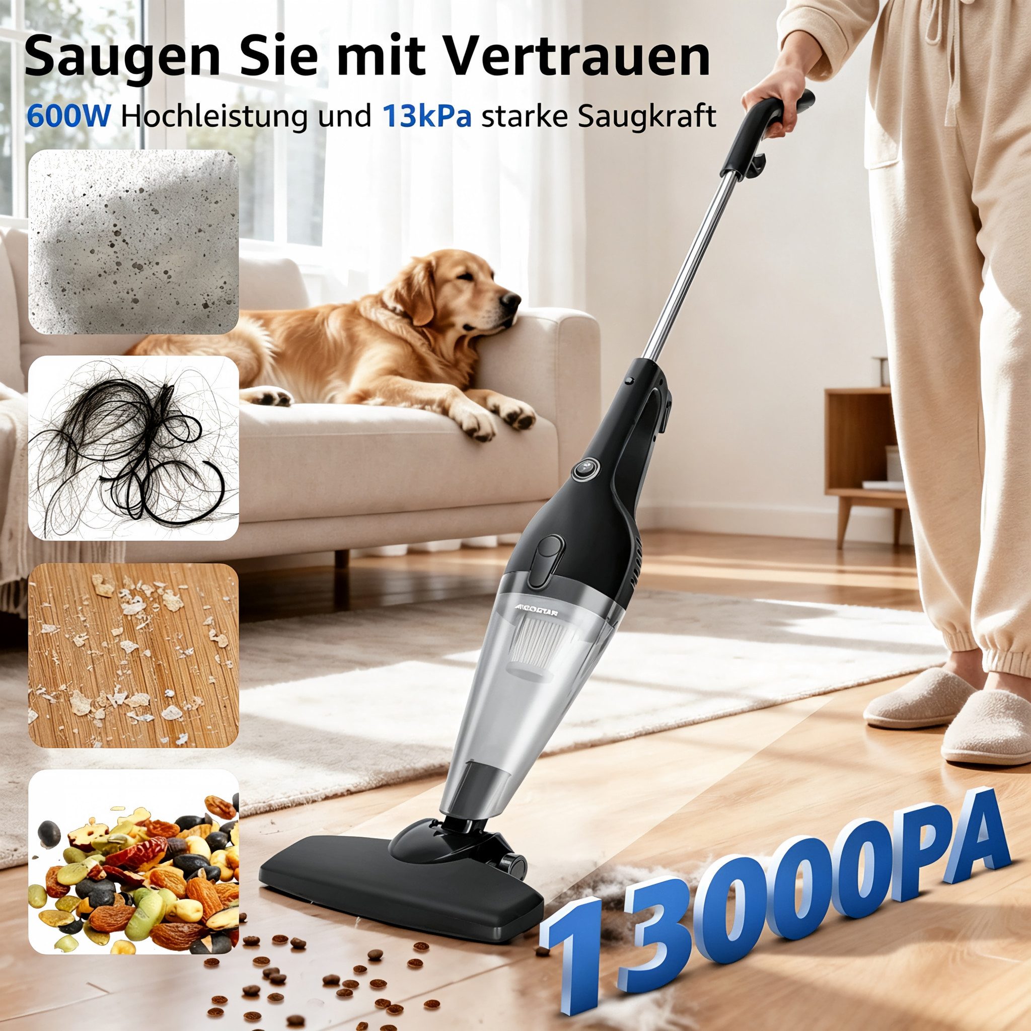 Aigostar Hand-und Stielstaubsauger Staubsauger mit Kabel 4 in 1, 13KPA, 1L Leicht& Ideal für Zuhause, 600,00 W, beutellos, HEPA-Filter-System, Leicht und bequem