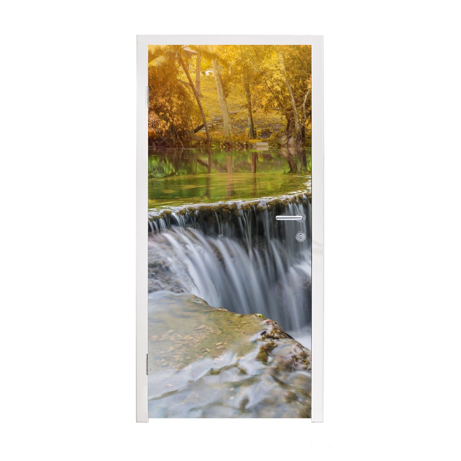 MuchoWow Türtapete Herbst - Wasserfall - Natur - Bäume, Matt, bedruckt, (1 St), Fototapete für Tür, Türaufkleber, 75x205 cm
