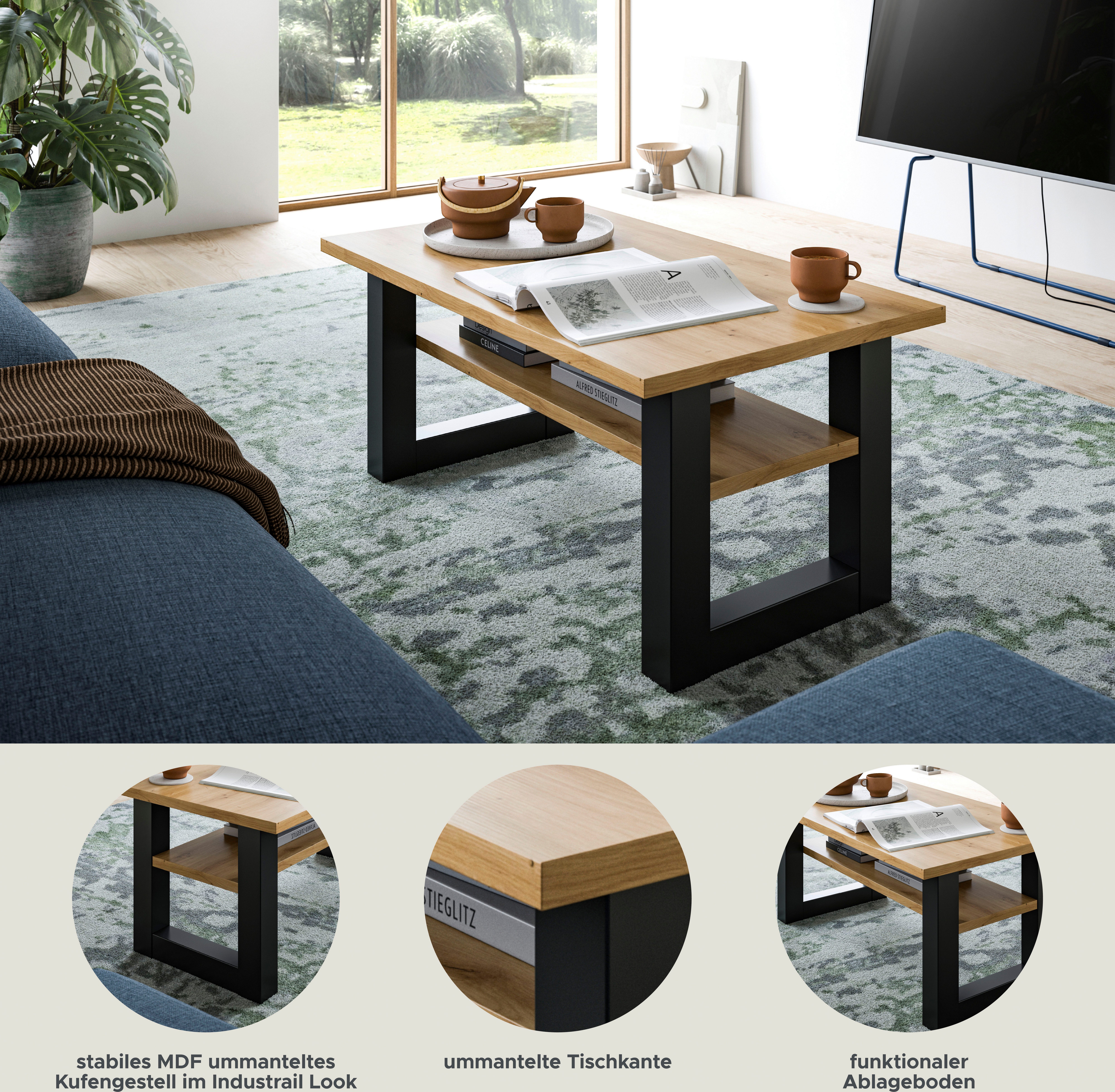 Home affaire Couchtisch Rail, Breite 90 cm, mit Ablageboden, inklusive Kufengestell, Wohnzimmertisch, Beistelltisch