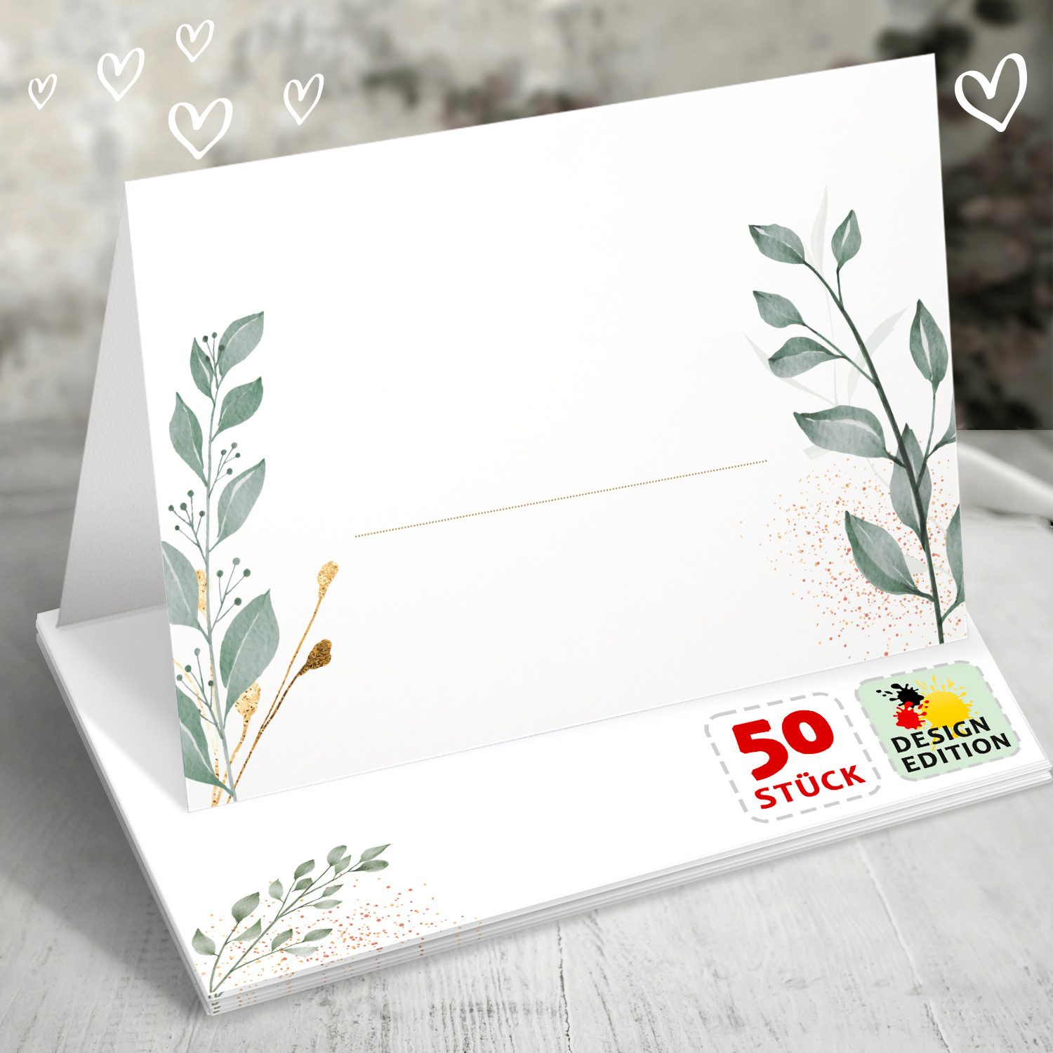 Funke & Brand Grußkarten 50x Tischkarten Hochzeit Floral Glitter, Namenskarten, Platzkarten