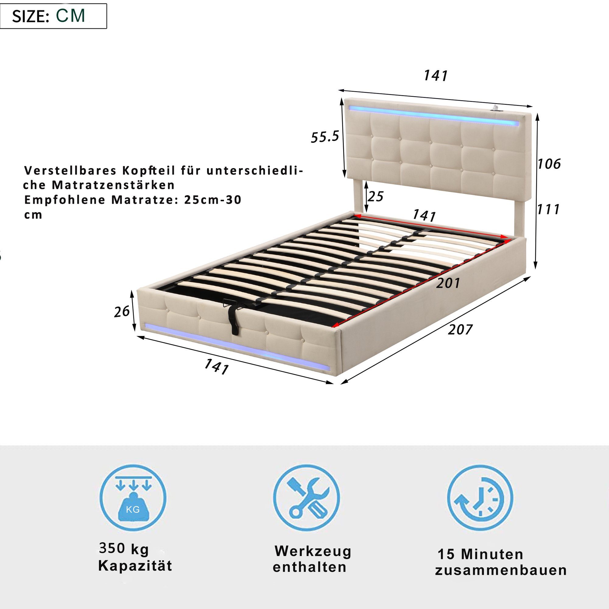 Polsterbett (Hydraulisches Bett mit Bettkasten, Lattenrost und 2 USB-Anschluss), Stauraumbett Funktionsbett 140x200 cm mit LED Beleuchtung, Leinen