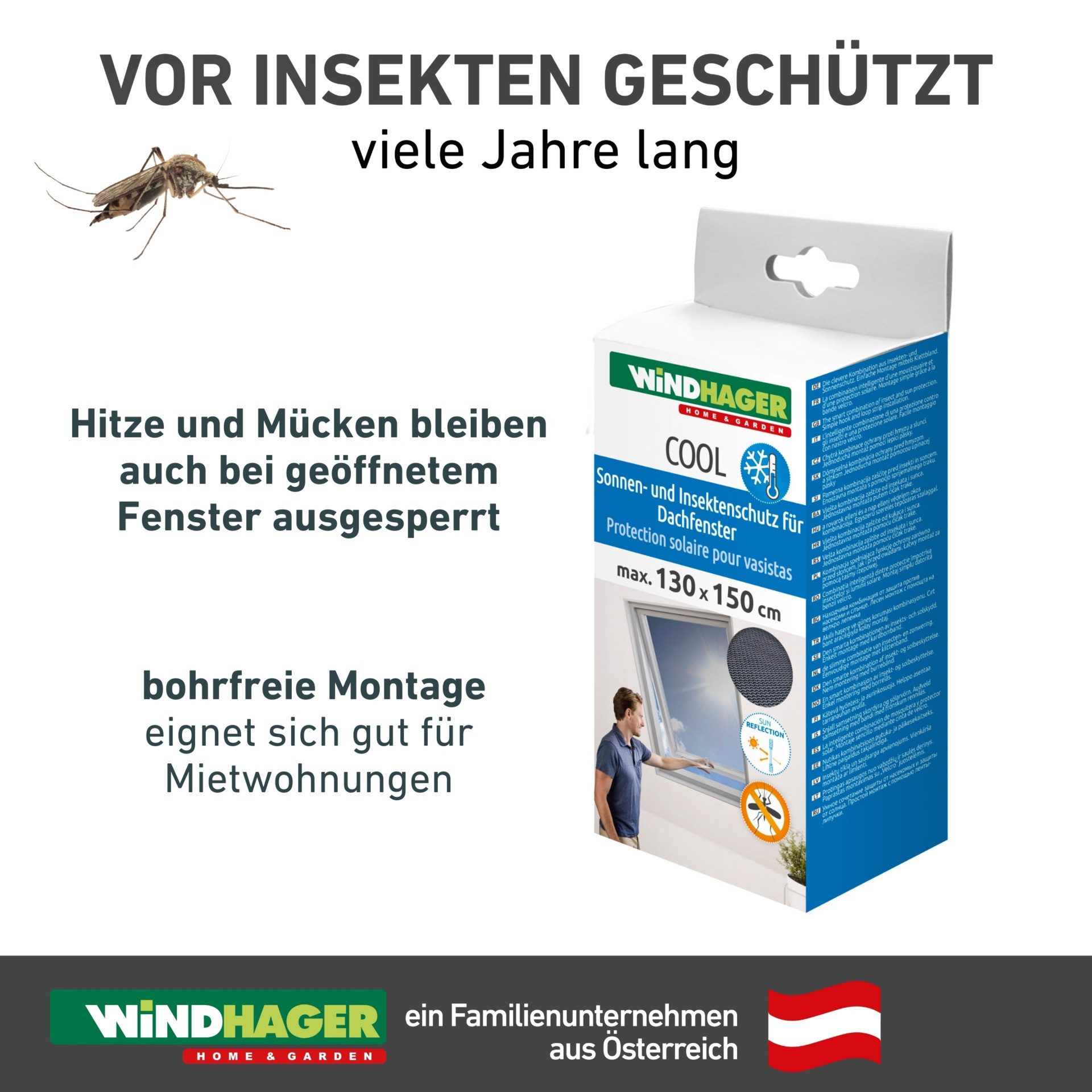 Insektenschutzrollo für Dachfenster mit Reißverschluss, COOL Sonnenschutz Fliegengitter, Windhager, transparent, ohne Bohren, reflektierender Insektenschutz ohne bohren, 130 x 150 cm, anthrait