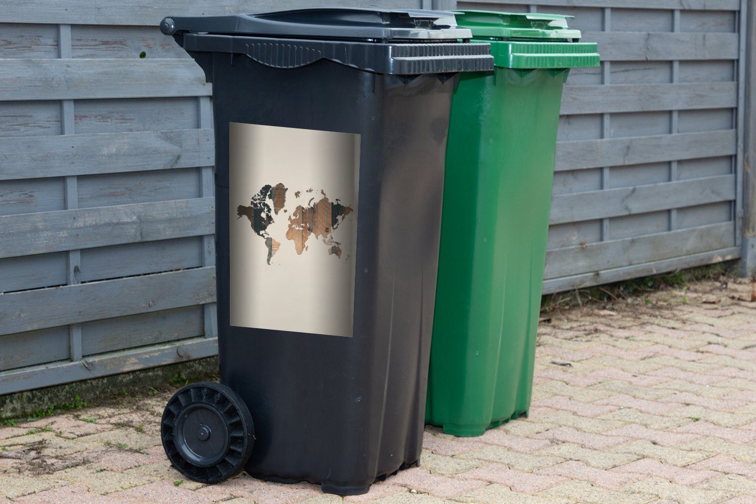 (1 MuchoWow Mülleimer-aufkleber, braun Wandsticker - Abfalbehälter Container, Holzbrett St), Sticker, Weltkarte Mülltonne, -