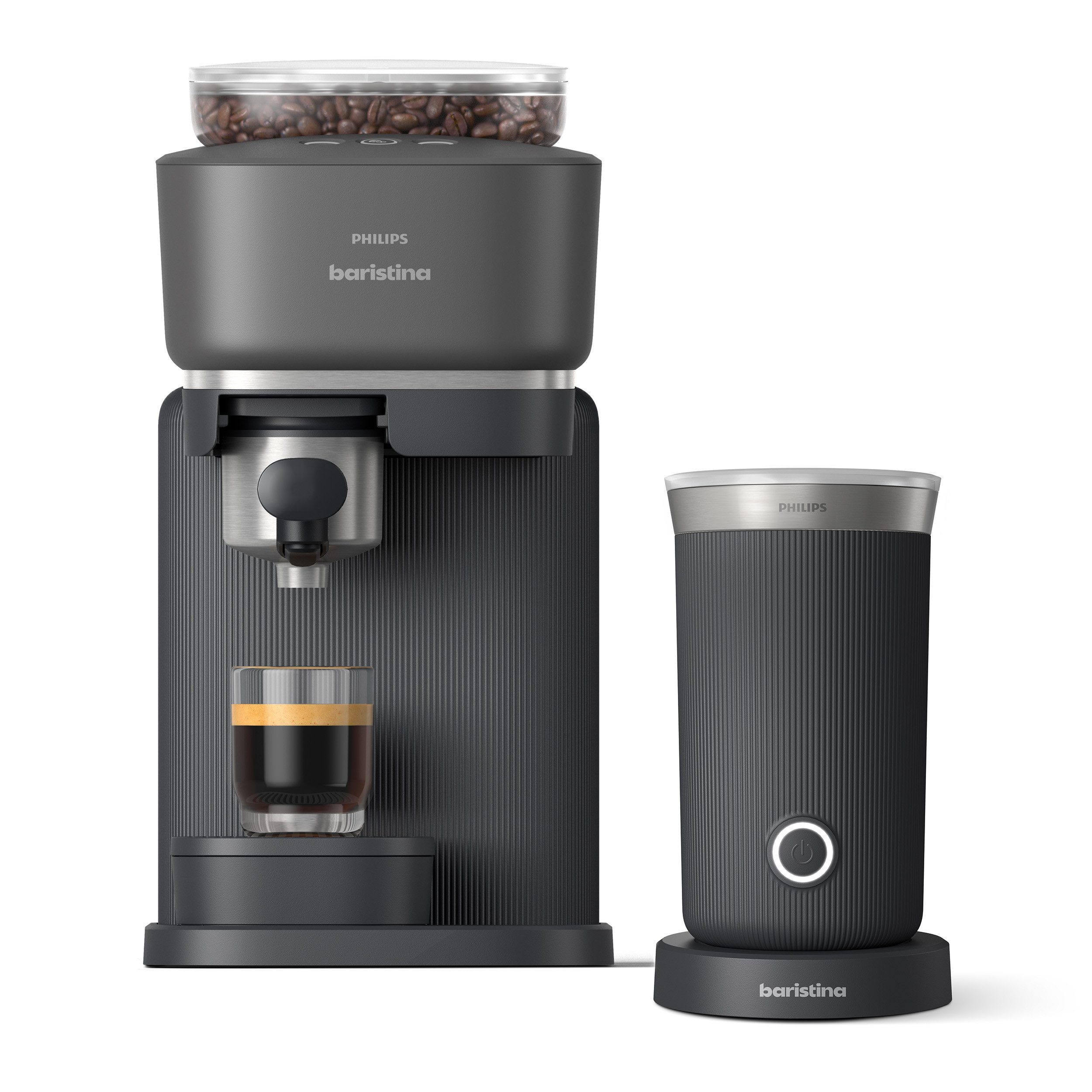 PHILIPS baristina Espressomaschine BAR303/60 mit Mahlwerk für ganze Bohnen, Milchaufschäumer inkl., 16 bar Pumpendruck, Schwarzgrau