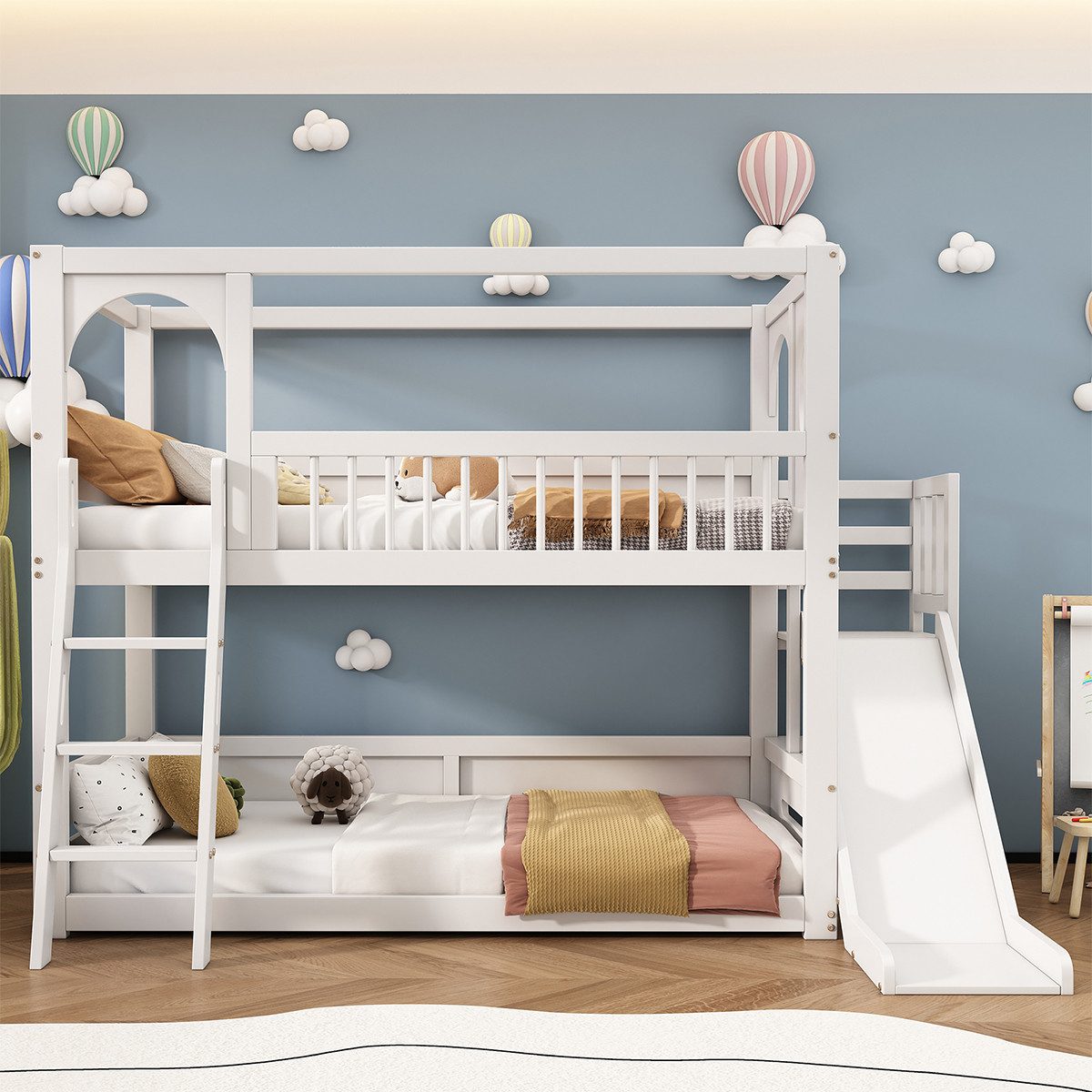 XDeer Jugendbett Kinderbett Multifunktionales Etagenbett mit Regalen Rutsche, ohne Matratze Hausbett Jugendbett Weiß 90*200cm