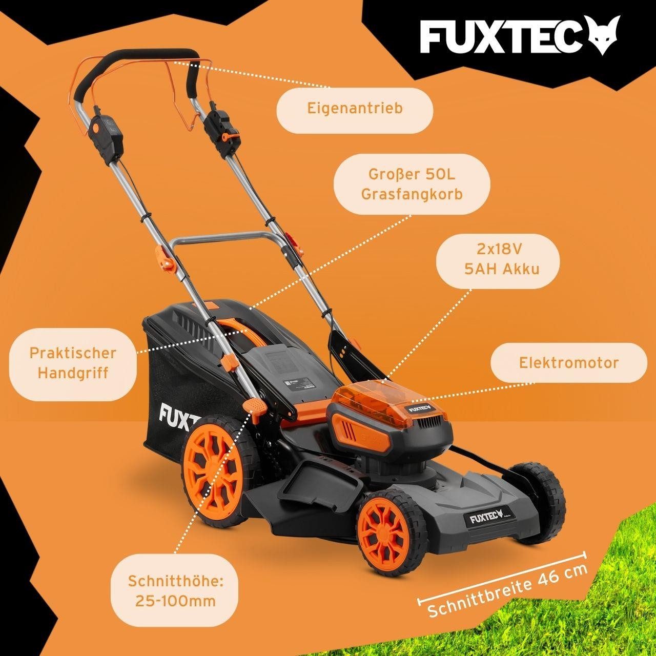 FUXTEC Akkurasenmäher FX-E2RM46PROSET, 46 cm Schnittbreite, variabler Radantrieb, 5Ah Akku, 46 cm Schnittbreite