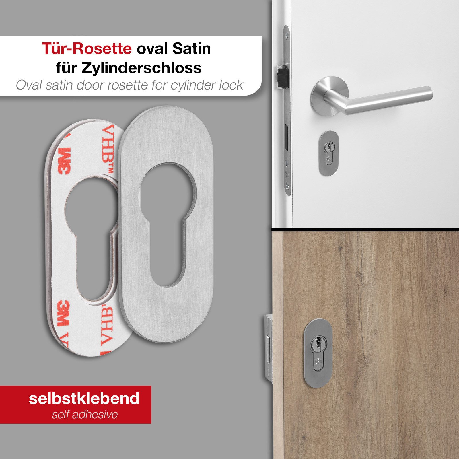 SO-TECH® Türbeschlag selbstklebende Edelstahl Tür-Rosetten mit 3M-VHB-Klebepad (1 St), PZ-Kleberosette oval 65 x 28 x 2 mm satiniert