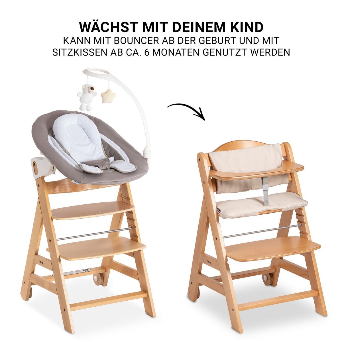 Hauck Hochstuhl Beta Plus Natur - Newborn Set Deluxe, Holz Babystuhl ab Geburt, Aufsatz für Neugeborene, Sitzkissen, Tisch – Bild 4 von 5