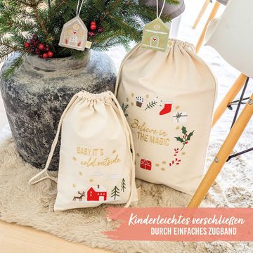 PAPIERDRACHEN Geschenkpapier 2 Geschenksäckchen zu Weihnachten - Geschenke nachhaltig einpacken, mit schöner Bestickung