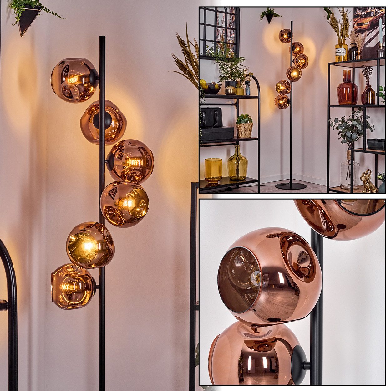 Stehlampe Stehlampe aus Metall/Glas in Schwarz/Kupferfarben